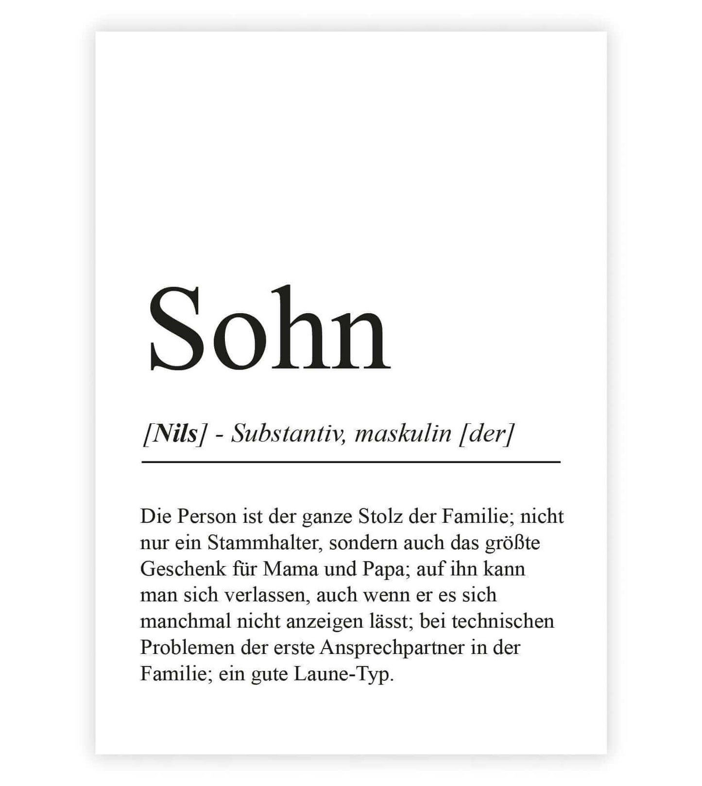 Personalisiertes Bild “Definition SOHN”, Bildfarbe: Weiß, Bildgröße: 13x18cm, DIN A4, DIN A3, Bilderrahmen: Ohne Bilderrahmen, Bilderrahmen weiß ohne Passepartout, Bilderrahmen schwarz ohne Passepartout, Bilderrahmen weiß mit Passepartout, Bilderrahmen schwarz mit Passepartout, Copyright:321geschenke.de