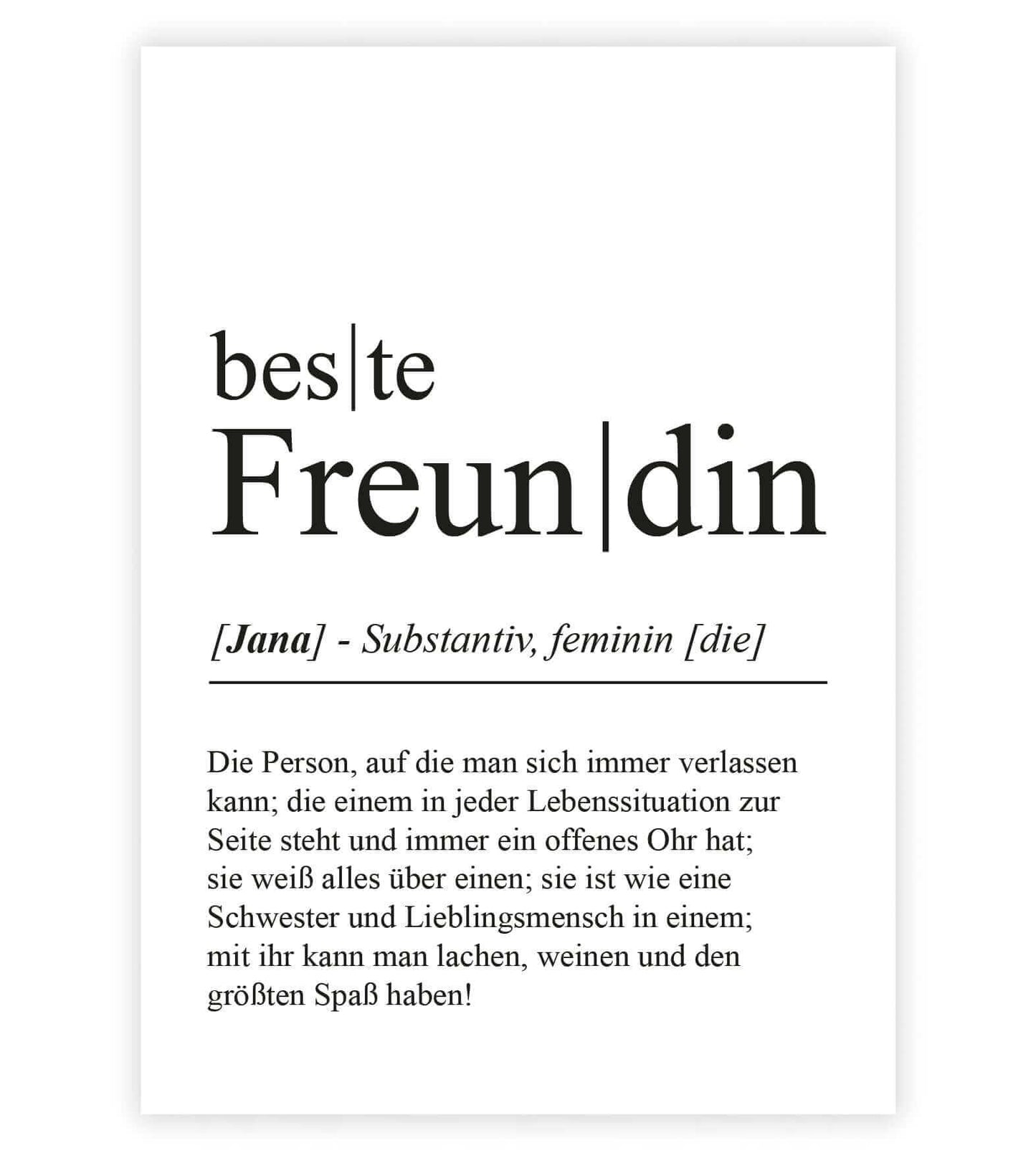 Personalisiertes Bild “Definition BESTE FREUNDIN”, Bildfarbe: Weiß, Bildgröße: 13x18cm, DIN A4, DIN A3, Bilderrahmen: Ohne Bilderrahmen, Bilderrahmen weiß ohne Passepartout, Bilderrahmen schwarz ohne Passepartout, Bilderrahmen weiß mit Passepartout, Bilderrahmen schwarz mit Passepartout, Copyright:321geschenke.de