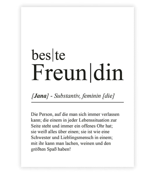 Personalisiertes Bild “Definition BESTE FREUNDIN”, Bildfarbe: Weiß, Bildgröße: 13x18cm, DIN A4, DIN A3, Bilderrahmen: Ohne Bilderrahmen, Bilderrahmen weiß ohne Passepartout, Bilderrahmen schwarz ohne Passepartout, Bilderrahmen weiß mit Passepartout, Bilderrahmen schwarz mit Passepartout, Copyright:321geschenke.de