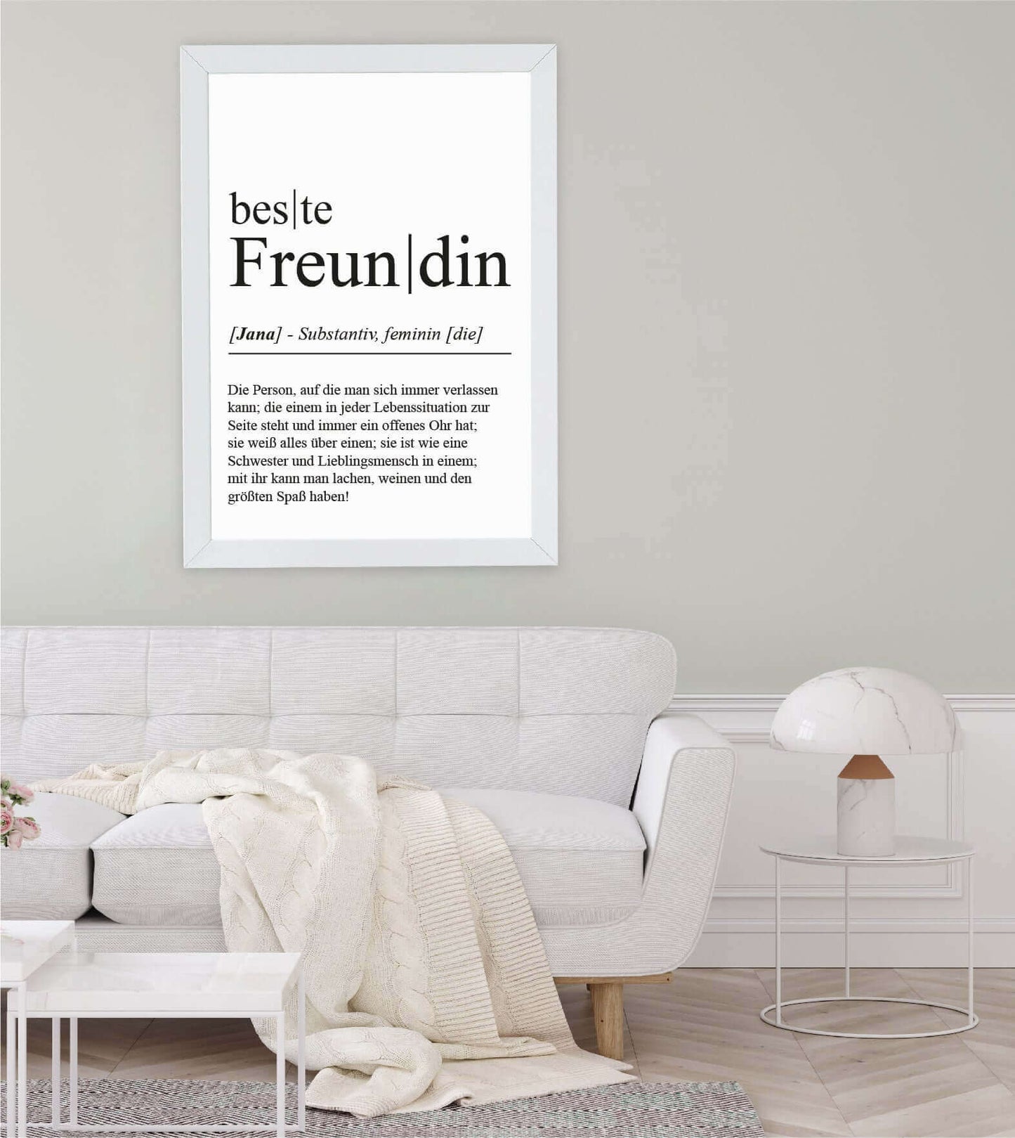 Anwendungsbild_Personalisiertes Bild “Definition BESTE FREUNDIN”, Bildfarbe: Weiß, Bildgröße: 13x18cm, DIN A4, DIN A3, Bilderrahmen: Ohne Bilderrahmen, Bilderrahmen weiß ohne Passepartout, Bilderrahmen schwarz ohne Passepartout, Bilderrahmen weiß mit Passepartout, Bilderrahmen schwarz mit Passepartout, Copyright:321geschenke.de