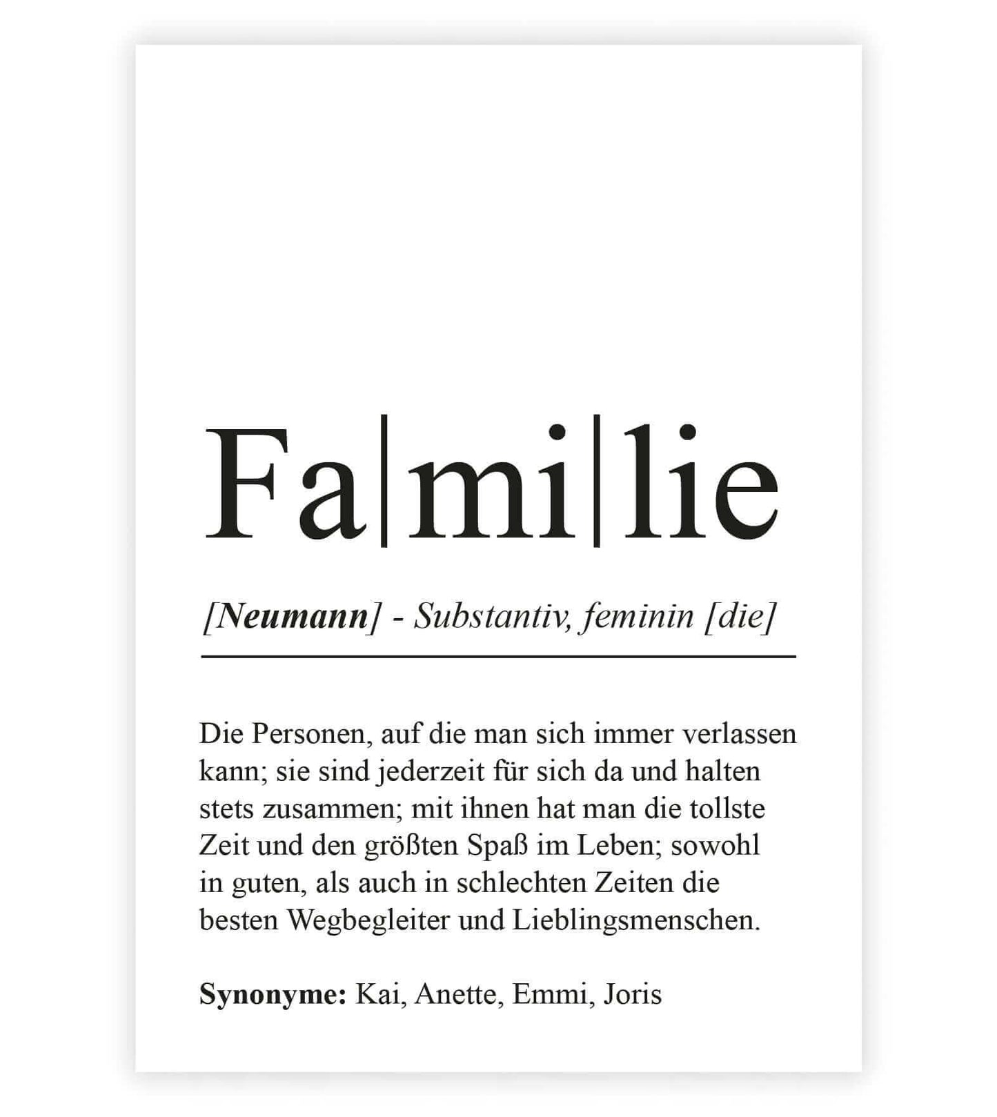 Personalisiertes Bild “Definition FAMILIE”, Bildfarbe: Weiß, Bildgröße: 13x18cm, DIN A4, DIN A3, Bilderrahmen: Ohne Bilderrahmen, Bilderrahmen weiß ohne Passepartout, Bilderrahmen schwarz ohne Passepartout, Bilderrahmen weiß mit Passepartout, Bilderrahmen schwarz mit Passepartout, Copyright:321geschenke.de