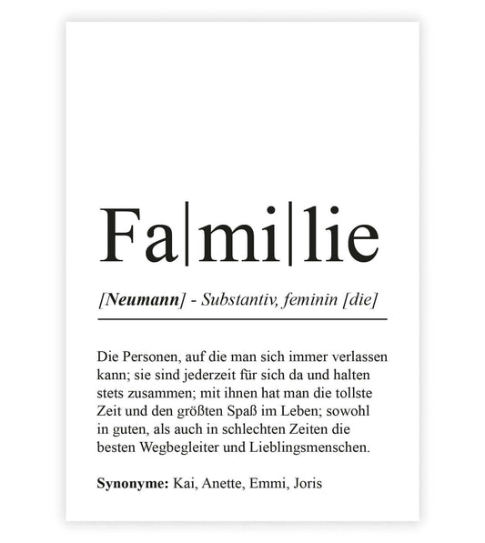 Personalisiertes Bild “Definition FAMILIE”, Bildfarbe: Weiß, Bildgröße: 13x18cm, DIN A4, DIN A3, Bilderrahmen: Ohne Bilderrahmen, Bilderrahmen weiß ohne Passepartout, Bilderrahmen schwarz ohne Passepartout, Bilderrahmen weiß mit Passepartout, Bilderrahmen schwarz mit Passepartout, Copyright:321geschenke.de