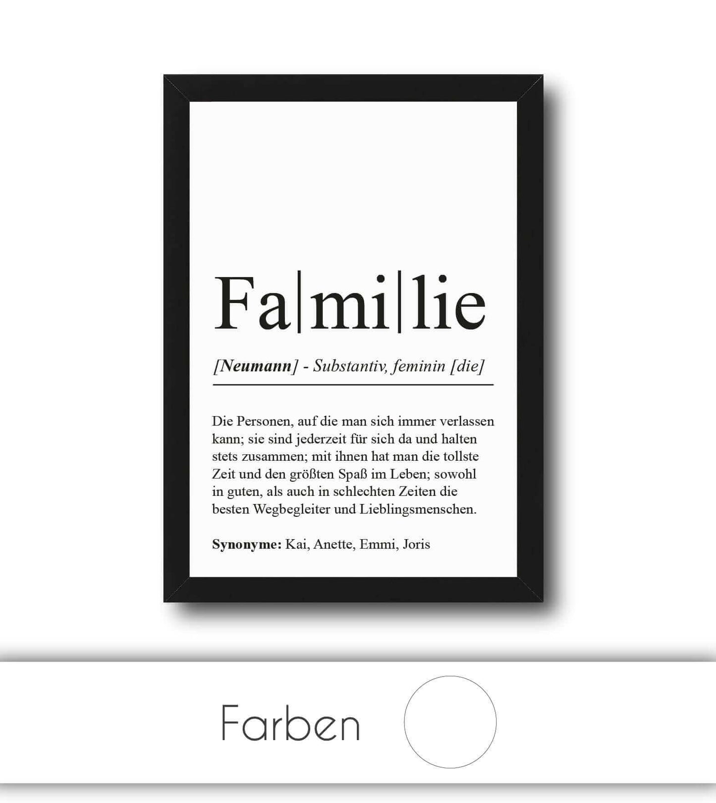Personalisiertes Bild “Definition FAMILIE”, Bildfarbe: Weiß, Bildgröße: 13x18cm, DIN A4, DIN A3, Bilderrahmen: Ohne Bilderrahmen, Bilderrahmen weiß ohne Passepartout, Bilderrahmen schwarz ohne Passepartout, Bilderrahmen weiß mit Passepartout, Bilderrahmen schwarz mit Passepartout, Copyright:321geschenke.de