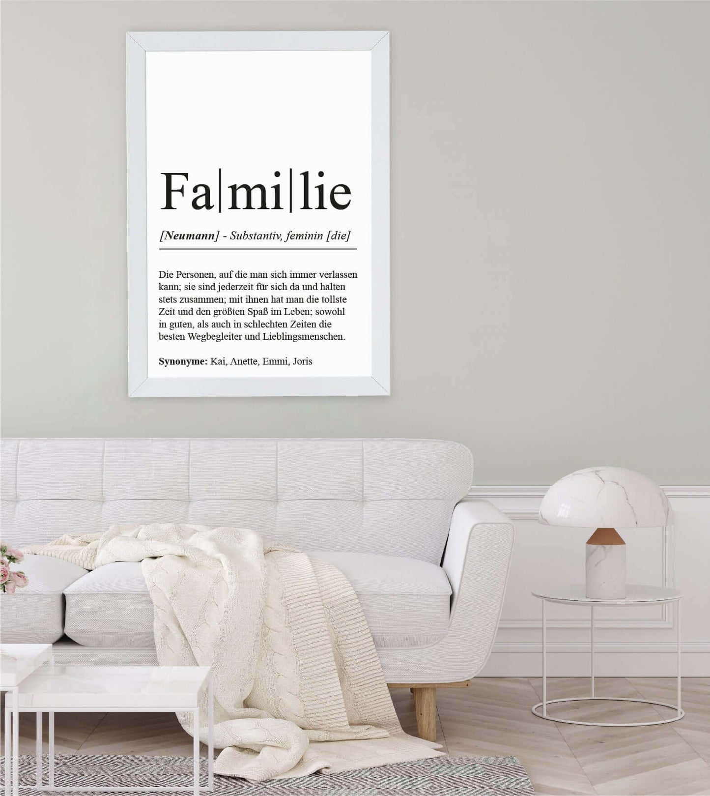 Anwendungsbild_Personalisiertes Bild “Definition FAMILIE”, Bildfarbe: Weiß, Bildgröße: 13x18cm, DIN A4, DIN A3, Bilderrahmen: Ohne Bilderrahmen, Bilderrahmen weiß ohne Passepartout, Bilderrahmen schwarz ohne Passepartout, Bilderrahmen weiß mit Passepartout, Bilderrahmen schwarz mit Passepartout, Copyright:321geschenke.de