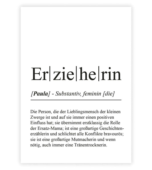 Personalisiertes Bild “Definition ERZIEHERIN”, Bildfarbe: Weiß, Bildgröße: 13x18cm, DIN A4, DIN A3, Bilderrahmen: Ohne Bilderrahmen, Bilderrahmen weiß ohne Passepartout, Bilderrahmen schwarz ohne Passepartout, Bilderrahmen weiß mit Passepartout, Bilderrahmen schwarz mit Passepartout, Copyright:321geschenke.de
