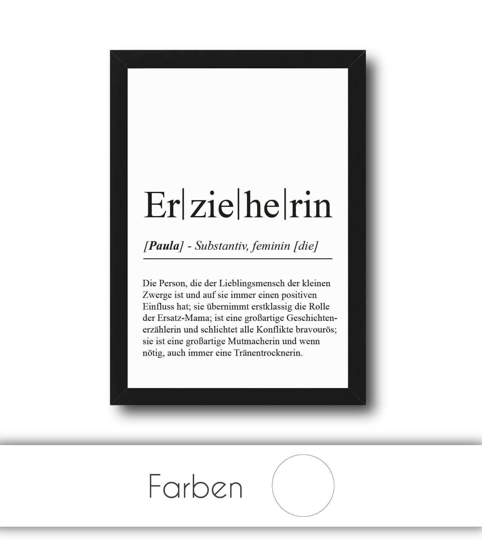 Personalisiertes Bild “Definition ERZIEHERIN”, Bildfarbe: Weiß, Bildgröße: 13x18cm, DIN A4, DIN A3, Bilderrahmen: Ohne Bilderrahmen, Bilderrahmen weiß ohne Passepartout, Bilderrahmen schwarz ohne Passepartout, Bilderrahmen weiß mit Passepartout, Bilderrahmen schwarz mit Passepartout, Copyright:321geschenke.de