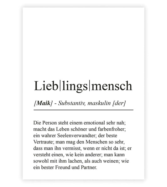 Personalisiertes Bild “Definition LIEBLINGSMENSCH”, Bildfarbe: Weiß, Bildgröße: 13x18cm, DIN A4, DIN A3, Bilderrahmen: Ohne Bilderrahmen, Bilderrahmen weiß ohne Passepartout, Bilderrahmen schwarz ohne Passepartout, Bilderrahmen weiß mit Passepartout, Bilderrahmen schwarz mit Passepartout, Copyright:321geschenke.de