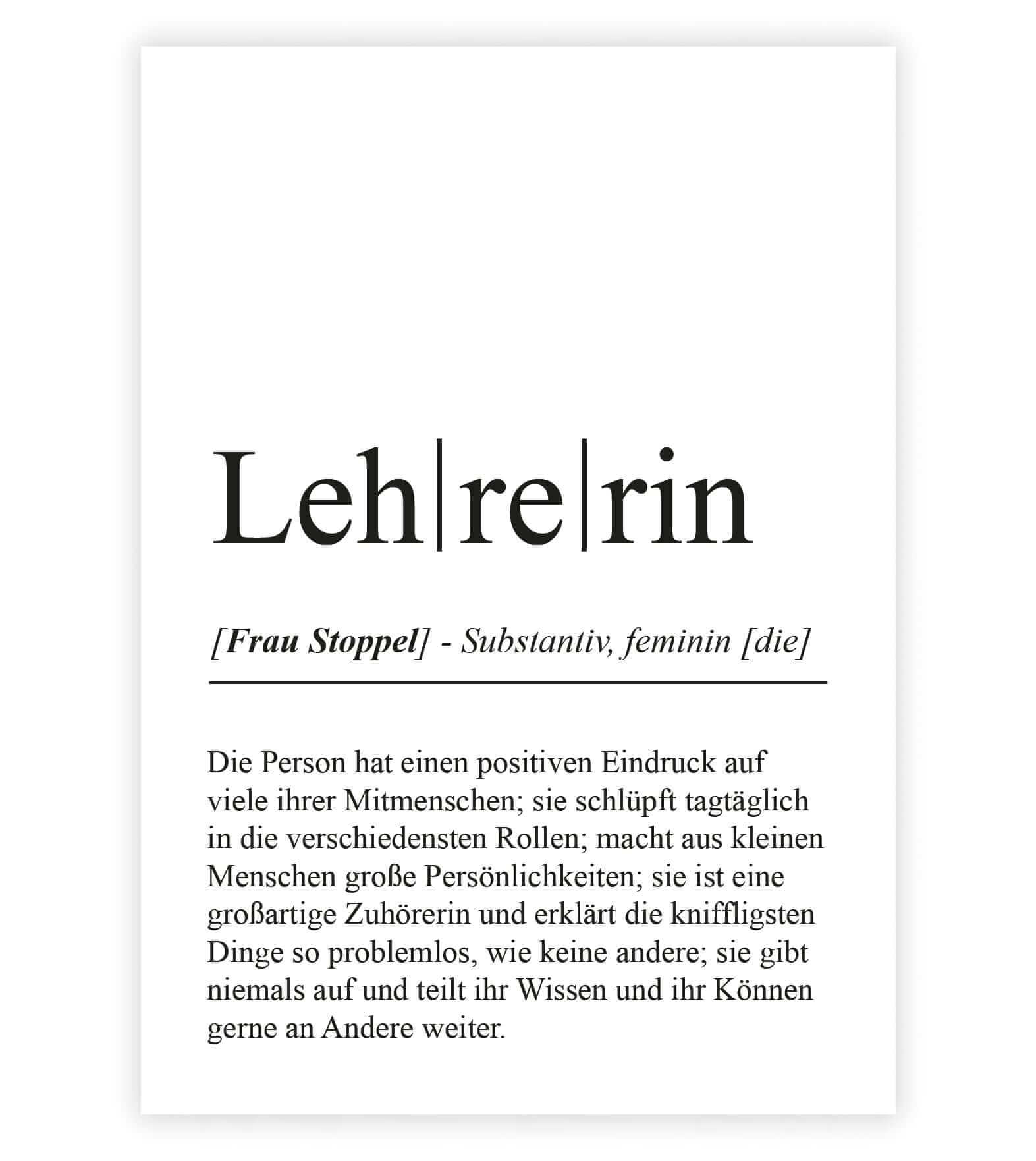 Personalisiertes Bild “Definition LEHRERIN”, Bildfarbe: Weiß, Bildgröße: 13x18cm, DIN A4, DIN A3, Bilderrahmen: Ohne Bilderrahmen, Bilderrahmen weiß ohne Passepartout, Bilderrahmen schwarz ohne Passepartout, Bilderrahmen weiß mit Passepartout, Bilderrahmen schwarz mit Passepartout, Copyright:321geschenke.de