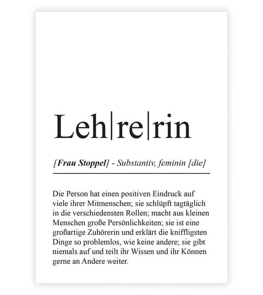 Personalisiertes Bild “Definition LEHRERIN”, Bildfarbe: Weiß, Bildgröße: 13x18cm, DIN A4, DIN A3, Bilderrahmen: Ohne Bilderrahmen, Bilderrahmen weiß ohne Passepartout, Bilderrahmen schwarz ohne Passepartout, Bilderrahmen weiß mit Passepartout, Bilderrahmen schwarz mit Passepartout, Copyright:321geschenke.de