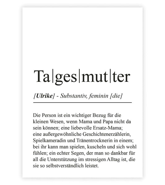 Personalisiertes Bild “Definition TAGESMUTTER”, Bildfarbe: Weiß, Bildgröße: 13x18cm, DIN A4, DIN A3, Bilderrahmen: Ohne Bilderrahmen, Bilderrahmen weiß ohne Passepartout, Bilderrahmen schwarz ohne Passepartout, Bilderrahmen weiß mit Passepartout, Bilderrahmen schwarz mit Passepartout, Copyright:321geschenke.de
