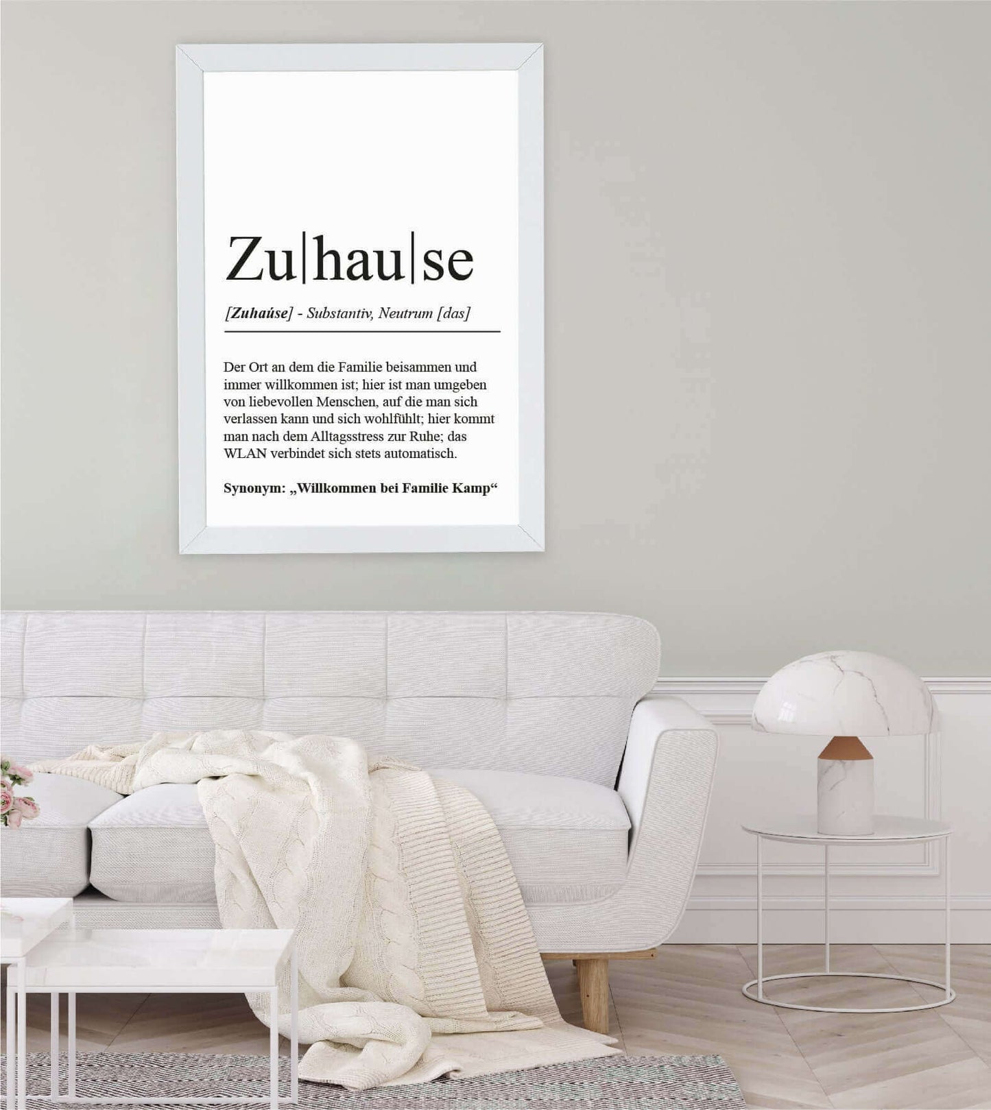 Anwendungsbild_Personalisiertes Bild “Definition ZUHAUSE”, Bildfarbe: Weiß, Bildgröße: 13x18cm, DIN A4, DIN A3, Bilderrahmen: Ohne Bilderrahmen, Bilderrahmen weiß ohne Passepartout, Bilderrahmen schwarz ohne Passepartout, Bilderrahmen weiß mit Passeparto