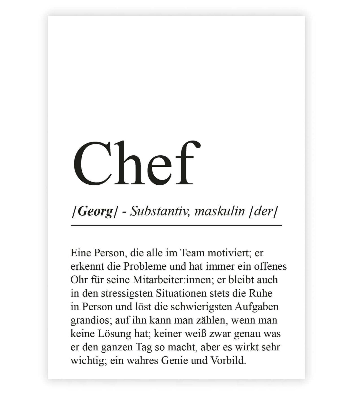 Personalisiertes Bild “Definition CHEF”, Bildfarbe: Weiß, Bildgröße: 13x18cm, DIN A4, DIN A3, Bilderrahmen: Ohne Bilderrahmen, Bilderrahmen weiß ohne Passepartout, Bilderrahmen schwarz ohne Passepartout, Bilderrahmen weiß mit Passepartout, Bilderrahmen schwarz mit Passepartout, Copyright:321geschenke.de