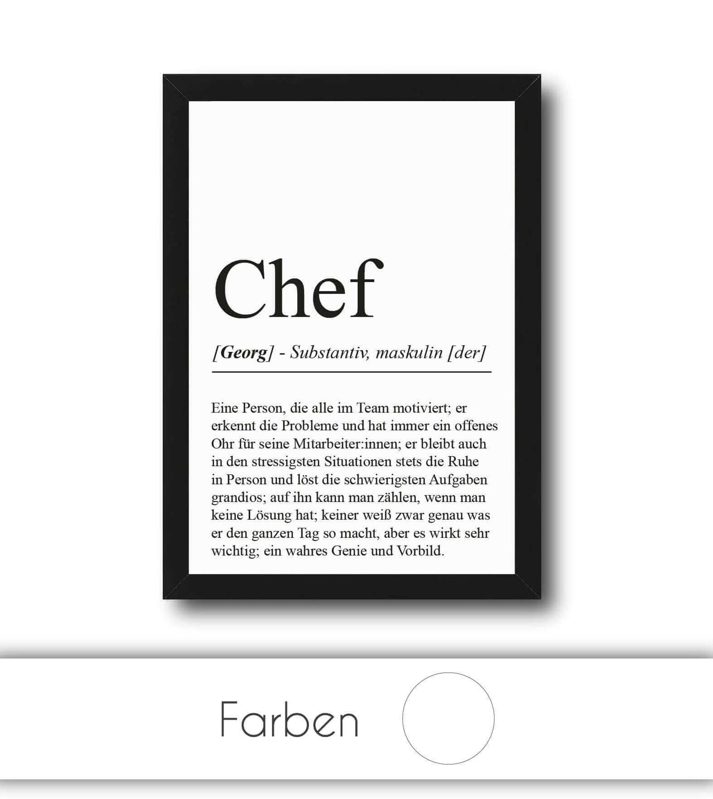 Personalisiertes Bild “Definition CHEF”, Bildfarbe: Weiß, Bildgröße: 13x18cm, DIN A4, DIN A3, Bilderrahmen: Ohne Bilderrahmen, Bilderrahmen weiß ohne Passepartout, Bilderrahmen schwarz ohne Passepartout, Bilderrahmen weiß mit Passepartout, Bilderrahmen schwarz mit Passepartout, Copyright:321geschenke.de