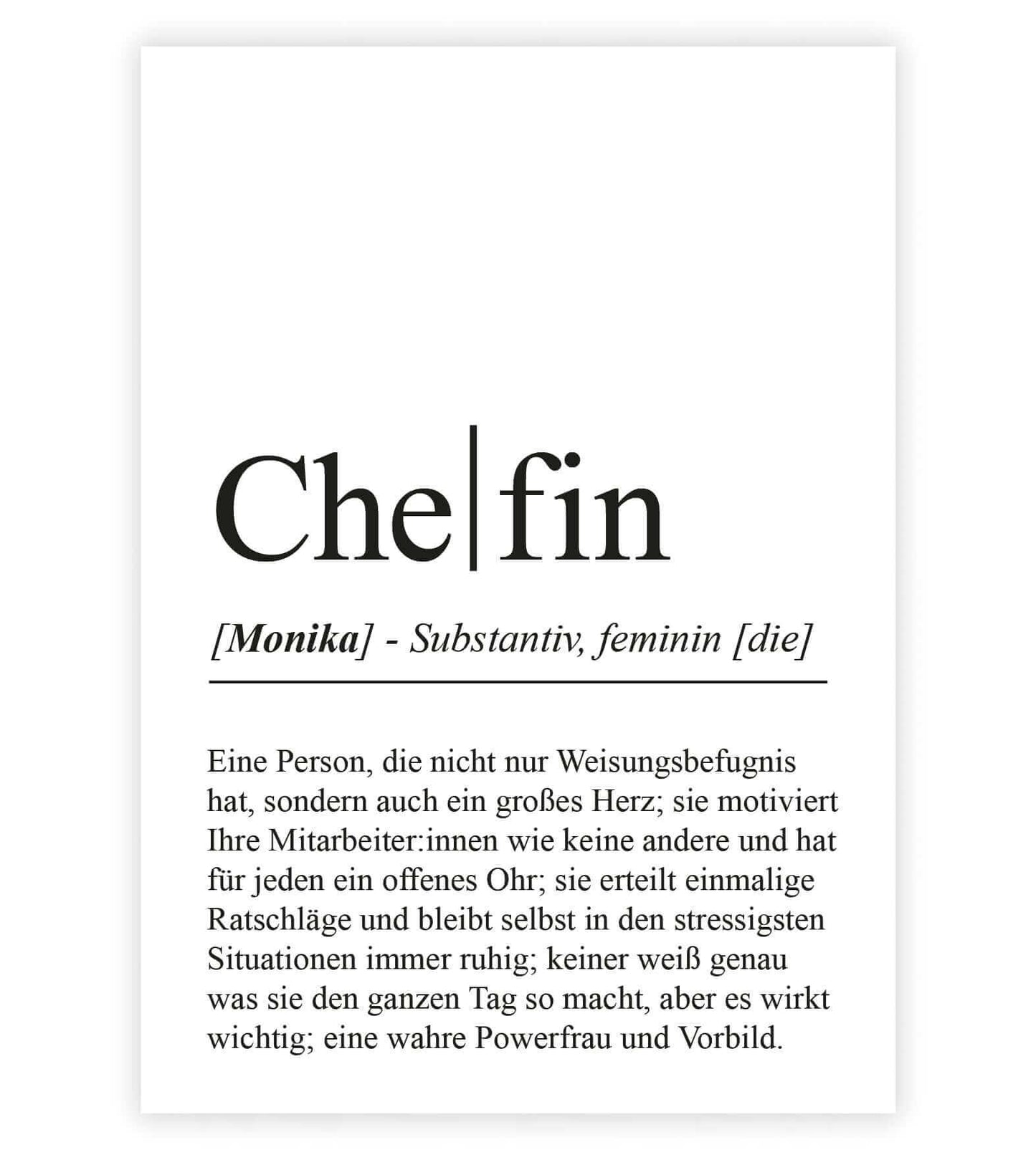 Personalisiertes Bild “Definition CHEFIN”, Bildfarbe: Weiß, Bildgröße: 13x18cm, DIN A4, DIN A3, Bilderrahmen: Ohne Bilderrahmen, Bilderrahmen weiß ohne Passepartout, Bilderrahmen schwarz ohne Passepartout, Bilderrahmen weiß mit Passepartout, Bilderrahmen schwarz mit Passepartout, Copyright:321geschenke.de