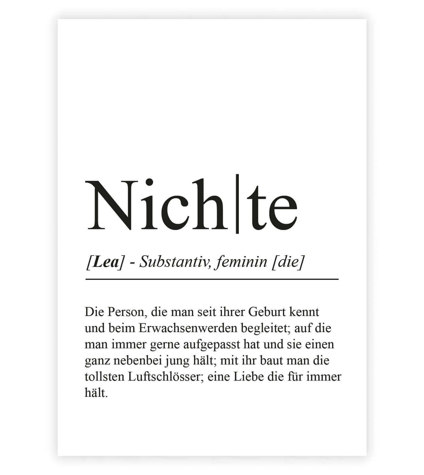 Personalisiertes Bild “Definition NICHTE”, Bildfarbe: Weiß, Bildgröße: 13x18cm, DIN A4, DIN A3, Bilderrahmen: Ohne Bilderrahmen, Bilderrahmen weiß ohne Passepartout, Bilderrahmen schwarz ohne Passepartout, Bilderrahmen weiß mit Passepartout, Bilderrahmen schwarz mit Passepartout, Copyright:321geschenke.de