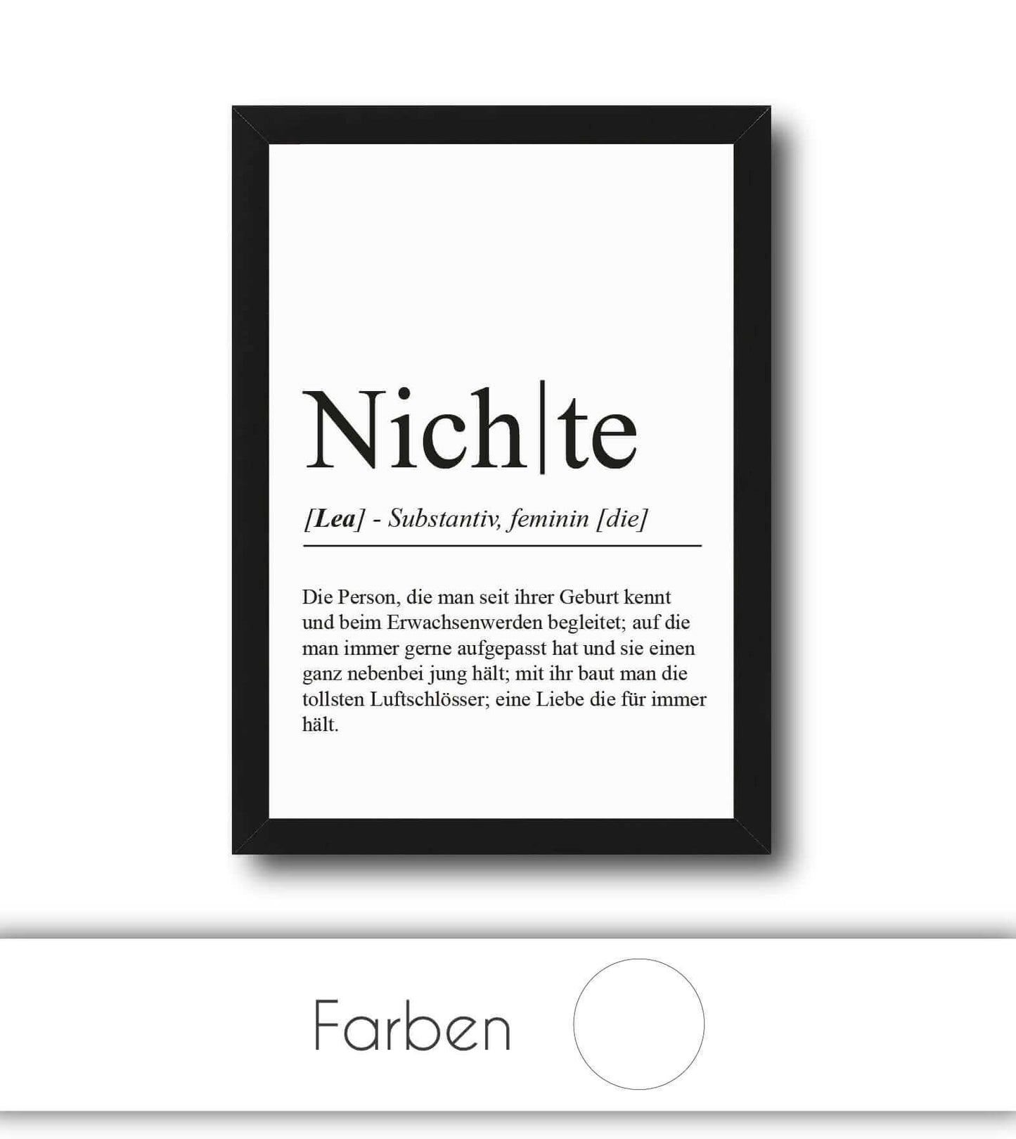 Personalisiertes Bild “Definition NICHTE”, Bildfarbe: Weiß, Bildgröße: 13x18cm, DIN A4, DIN A3, Bilderrahmen: Ohne Bilderrahmen, Bilderrahmen weiß ohne Passepartout, Bilderrahmen schwarz ohne Passepartout, Bilderrahmen weiß mit Passepartout, Bilderrahmen schwarz mit Passepartout, Copyright:321geschenke.de