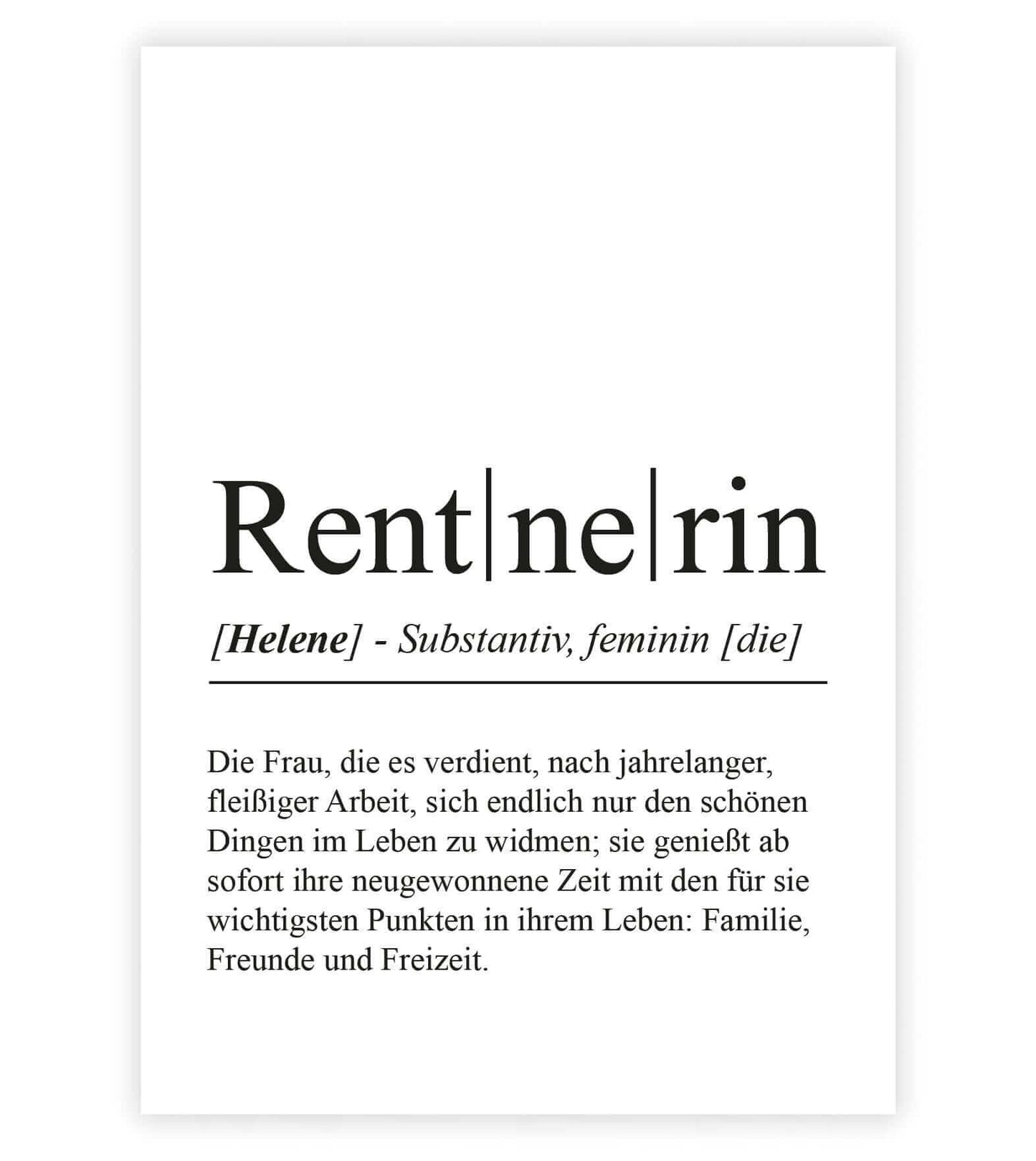 Personalisiertes Bild “Definition RENTNERIN”, Bildfarbe: Weiß, Bildgröße: 13x18cm, DIN A4, DIN A3, Bilderrahmen: Ohne Bilderrahmen, Bilderrahmen weiß ohne Passepartout, Bilderrahmen schwarz ohne Passepartout, Bilderrahmen weiß mit Passepartout, Bilderrahmen schwarz mit Passepartout, Copyright:321geschenke.de