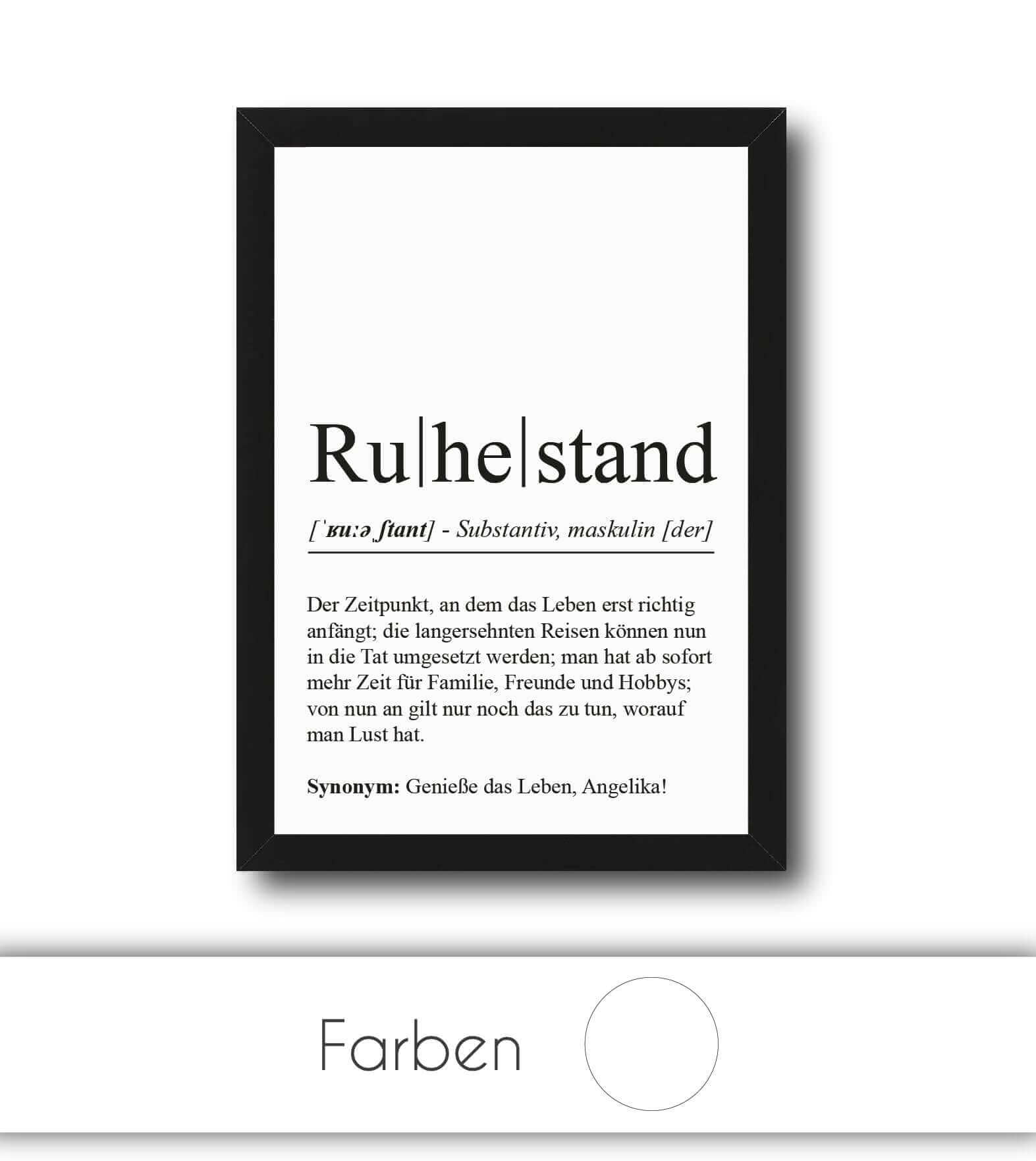 Personalisiertes Bild “Definition RUHESTAND”, Bildfarbe: Weiß, Bildgröße: 13x18cm, DIN A4, DIN A3, Bilderrahmen: Ohne Bilderrahmen, Bilderrahmen weiß ohne Passepartout, Bilderrahmen schwarz ohne Passepartout, Bilderrahmen weiß mit Passepartout, Bilderrahmen schwarz mit Passepartout, Copyright:321geschenke.de