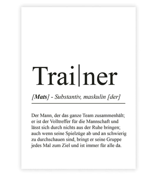 Personalisiertes Bild “Definition TRAINER”, Bildfarbe: Weiß, Bildgröße: 13x18cm, DIN A4, DIN A3, Bilderrahmen: Ohne Bilderrahmen, Bilderrahmen weiß ohne Passepartout, Bilderrahmen schwarz ohne Passepartout, Bilderrahmen weiß mit Passepartout, Bilderrahmen schwarz mit Passepartout, Copyright:321geschenke.de