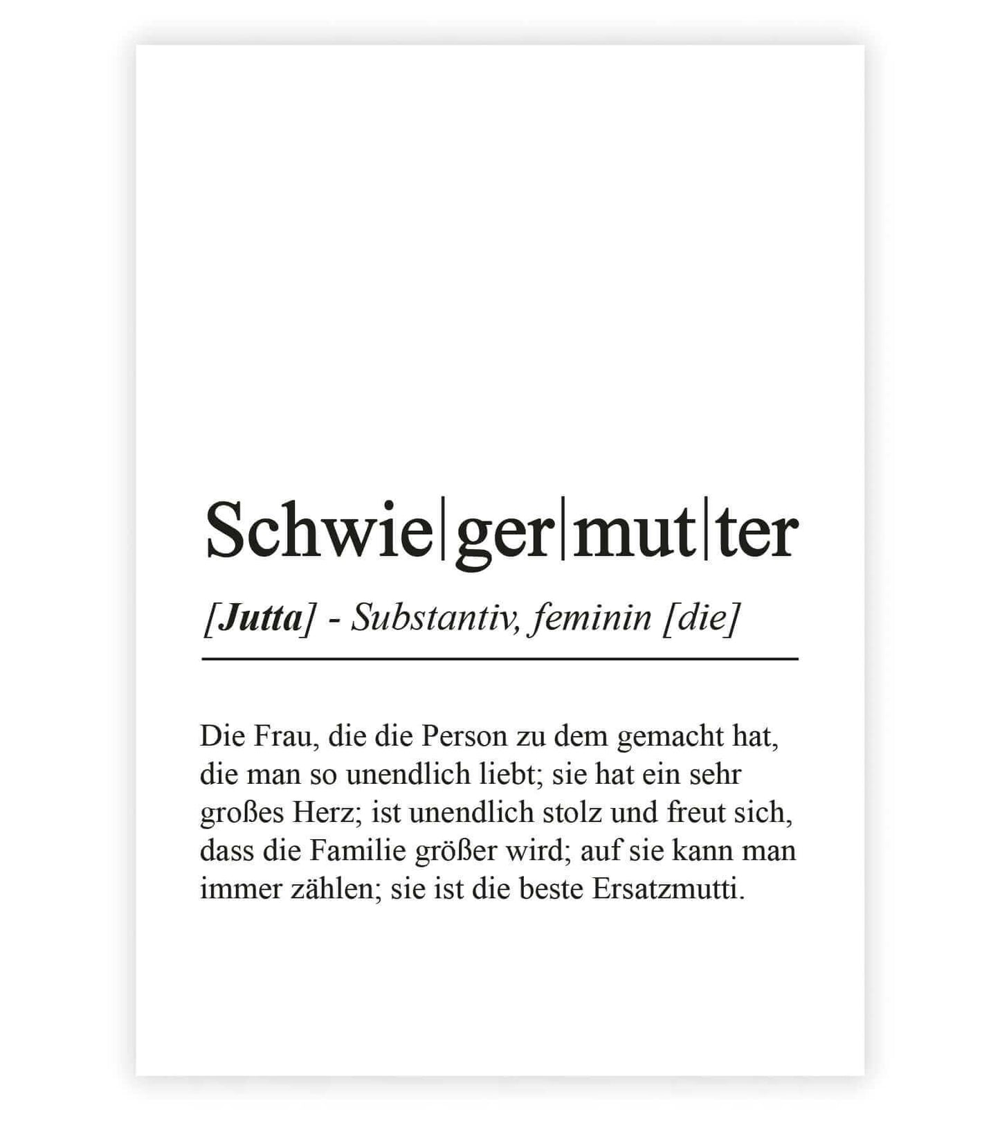Personalisiertes Bild “Definition SCHWIEGERMUTTER”, Bildfarbe: Weiß, Bildgröße: 13x18cm, DIN A4, DIN A3, Bilderrahmen: Ohne Bilderrahmen, Bilderrahmen weiß ohne Passepartout, Bilderrahmen schwarz ohne Passepartout, Bilderrahmen weiß mit Passepartout, Bilderrahmen schwarz mit Passepartout, Copyright:321geschenke.de