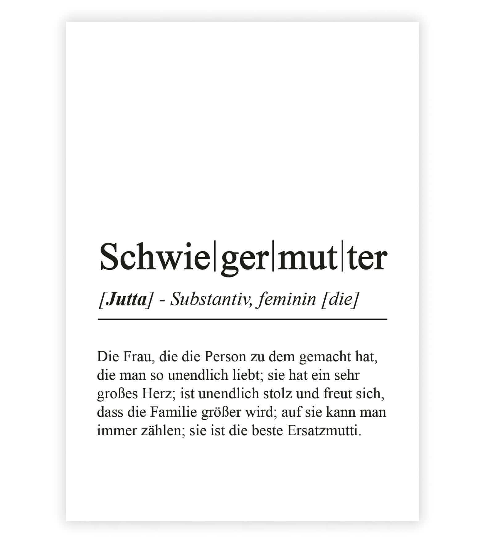 Personalisiertes Bild “Definition SCHWIEGERMUTTER”, Bildfarbe: Weiß, Bildgröße: 13x18cm, DIN A4, DIN A3, Bilderrahmen: Ohne Bilderrahmen, Bilderrahmen weiß ohne Passepartout, Bilderrahmen schwarz ohne Passepartout, Bilderrahmen weiß mit Passepartout, Bilderrahmen schwarz mit Passepartout, Copyright:321geschenke.de