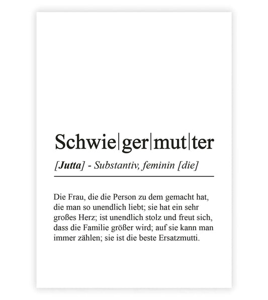 Personalisiertes Bild “Definition SCHWIEGERMUTTER”, Bildfarbe: Weiß, Bildgröße: 13x18cm, DIN A4, DIN A3, Bilderrahmen: Ohne Bilderrahmen, Bilderrahmen weiß ohne Passepartout, Bilderrahmen schwarz ohne Passepartout, Bilderrahmen weiß mit Passepartout, Bilderrahmen schwarz mit Passepartout, Copyright:321geschenke.de