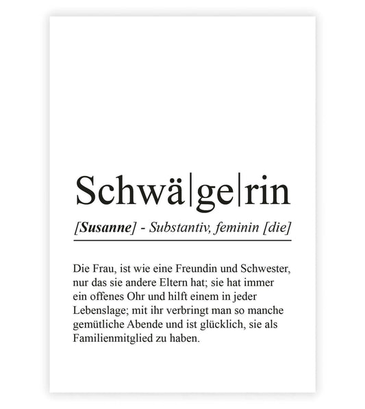 ersonalisiertes Bild “Definition SCHWÄGERIN”, Bildfarbe: Weiß, Bildgröße: 13x18cm, DIN A4, DIN A3, Bilderrahmen: Ohne Bilderrahmen, Bilderrahmen weiß ohne Passepartout, Bilderrahmen schwarz ohne Passepartout, Bilderrahmen weiß mit Passepartout, Bilderrahmen schwarz mit Passepartout, Copyright:321geschenke.de