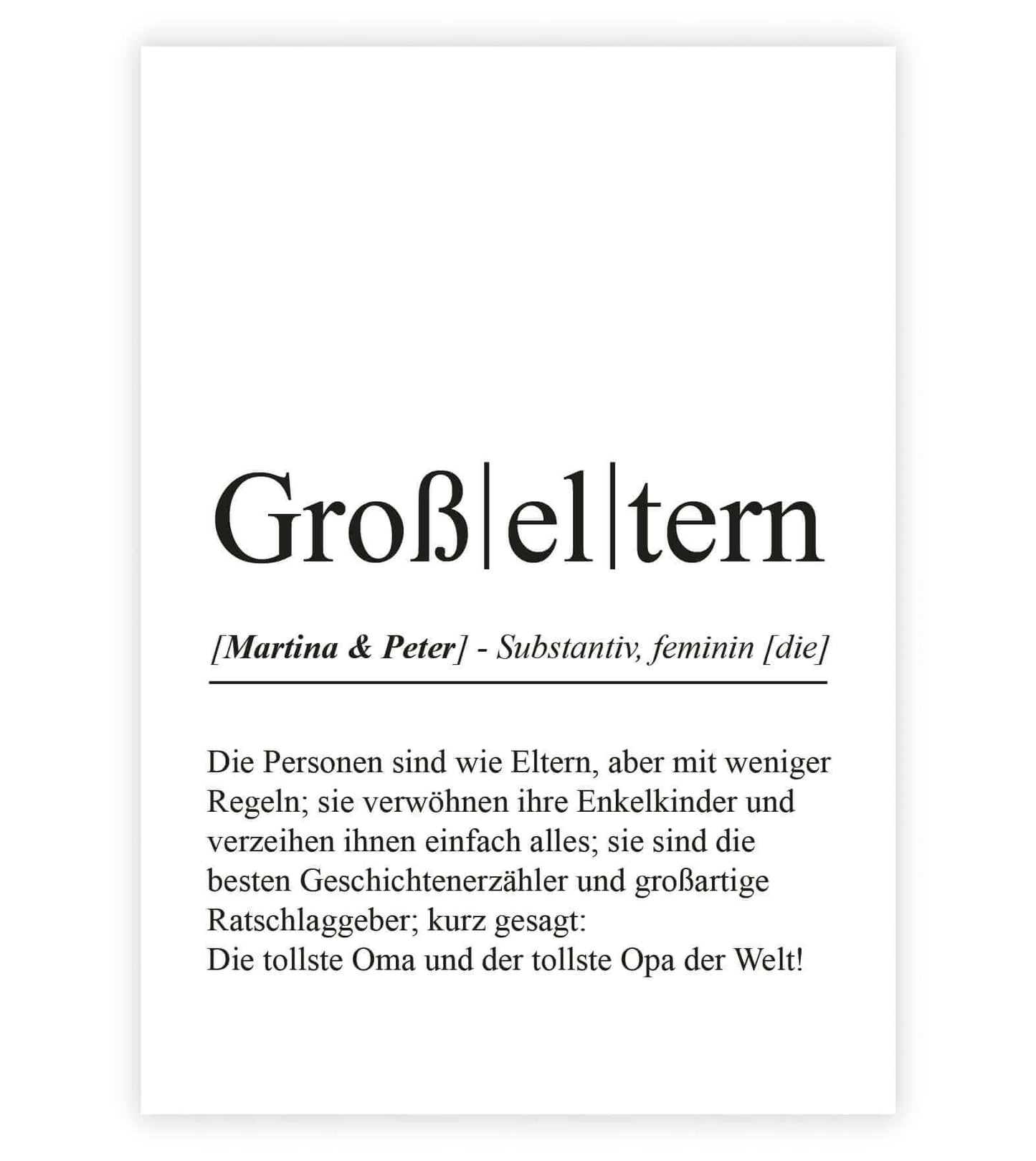 Personalisiertes Bild “Definition GROßELTERN”, Bildfarbe: Weiß, Bildgröße: 13x18cm, DIN A4, DIN A3, Bilderrahmen: Ohne Bilderrahmen, Bilderrahmen weiß ohne Passepartout, Bilderrahmen schwarz ohne Passepartout, Bilderrahmen weiß mit Passepartout, Bilderrahmen schwarz mit Passepartout, Copyright:321geschenke.de
