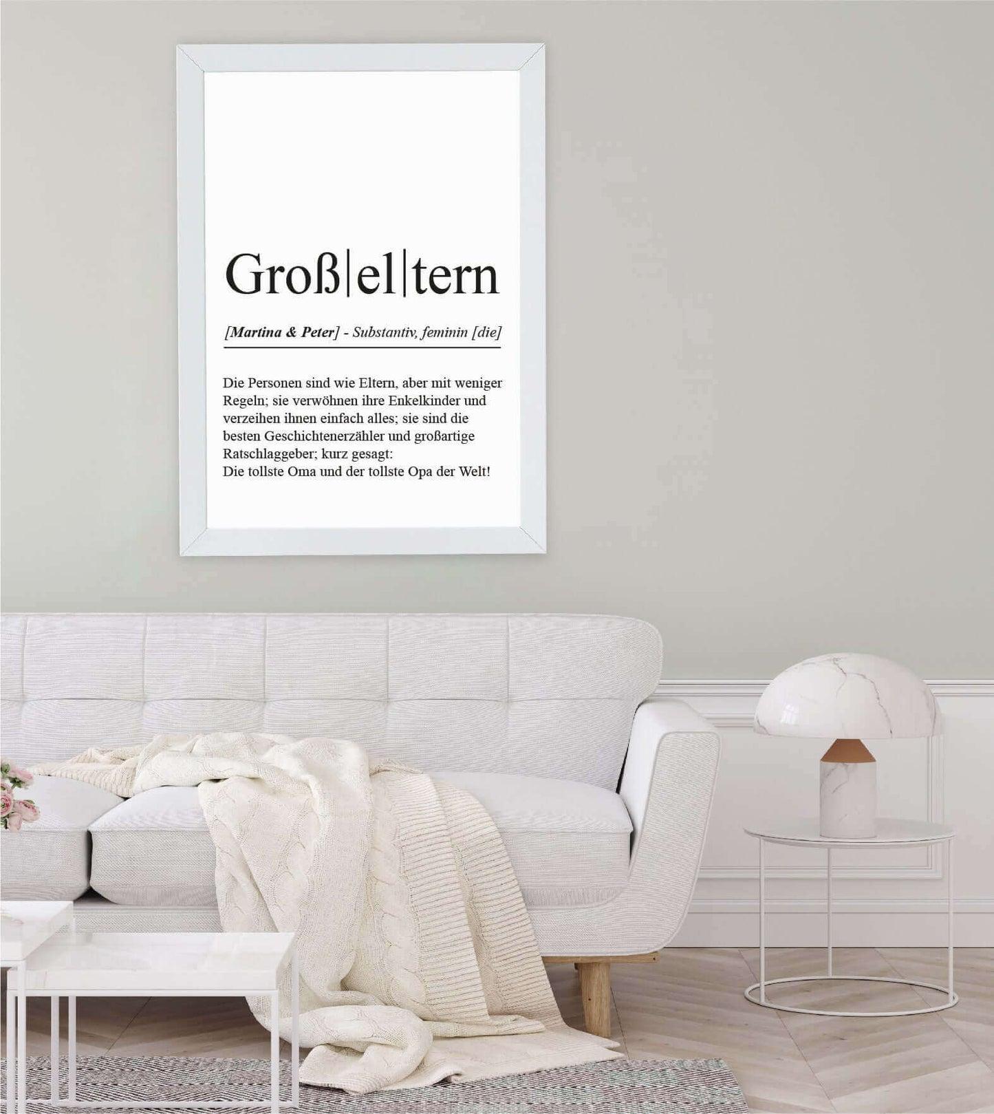 Anwendungsbild_Personalisiertes Bild “Definition GROßELTERN”, Bildfarbe: Weiß, Bildgröße: 13x18cm, DIN A4, DIN A3, Bilderrahmen: Ohne Bilderrahmen, Bilderrahmen weiß ohne Passepartout, Bilderrahmen schwarz ohne Passepartout, Bilderrahmen weiß mit Passepartout, Bilderrahmen schwarz mit Passepartout, Copyright:321geschenke.de