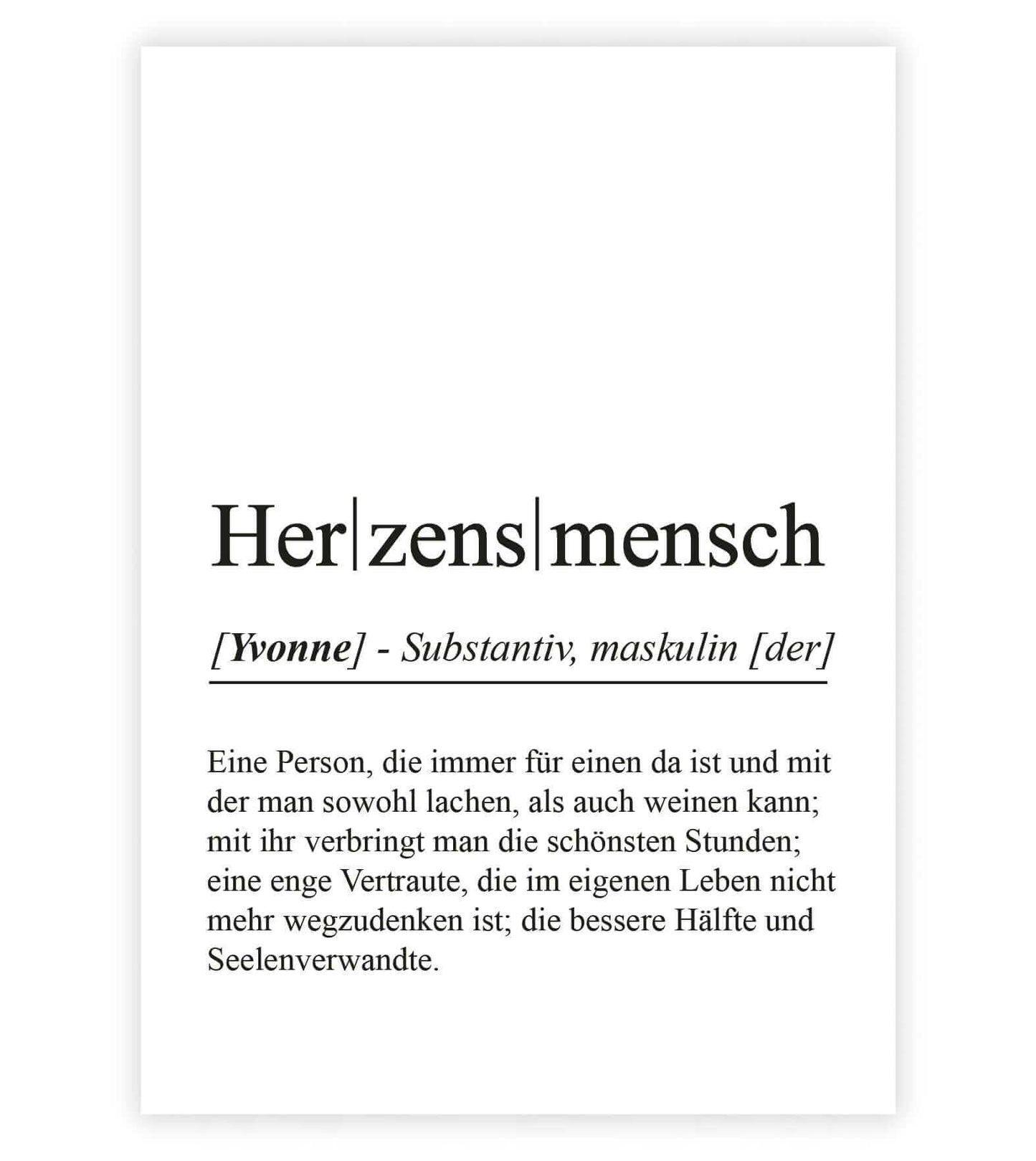 Personalisiertes Bild “Definition HERZENSMENSCH”, Bildfarbe: Weiß, Bildgröße: 13x18cm, DIN A4, DIN A3, Bilderrahmen: Ohne Bilderrahmen, Bilderrahmen weiß ohne Passepartout, Bilderrahmen schwarz ohne Passepartout, Bilderrahmen weiß mit Passepartout, Bilderrahmen schwarz mit Passepartout, Copyright:321geschenke.de
