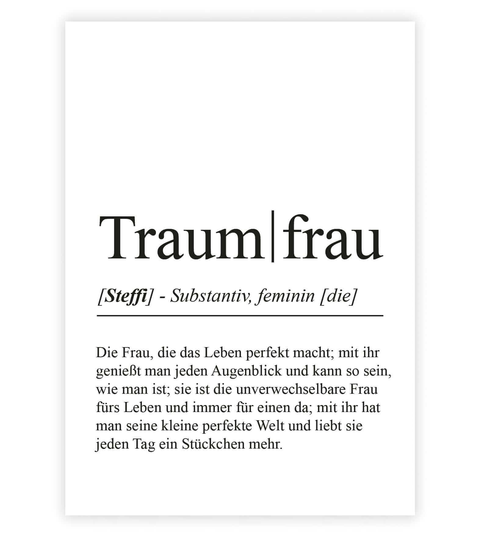 Personalisiertes Bild “Definition TRAUMFRAU”, Bildfarbe: Weiß, Bildgröße: 13x18cm, DIN A4, DIN A3, Bilderrahmen: Ohne Bilderrahmen, Bilderrahmen weiß ohne Passepartout, Bilderrahmen schwarz ohne Passepartout, Bilderrahmen weiß mit Passepartout, Bilderrahmen schwarz mit Passepartout, Copyright:321geschenke.de