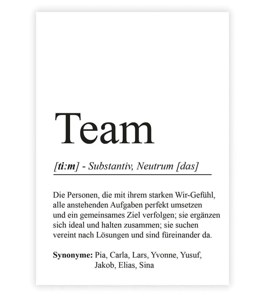 Personalisiertes Bild “Definition TEAM”, Bildfarbe: Weiß, Bildgröße: 13x18cm, DIN A4, DIN A3, Bilderrahmen: Ohne Bilderrahmen, Bilderrahmen weiß ohne Passepartout, Bilderrahmen schwarz ohne Passepartout, Bilderrahmen weiß mit Passepartout, Bilderrahmen schwarz mit Passepartout, Copyright:321geschenke.de
