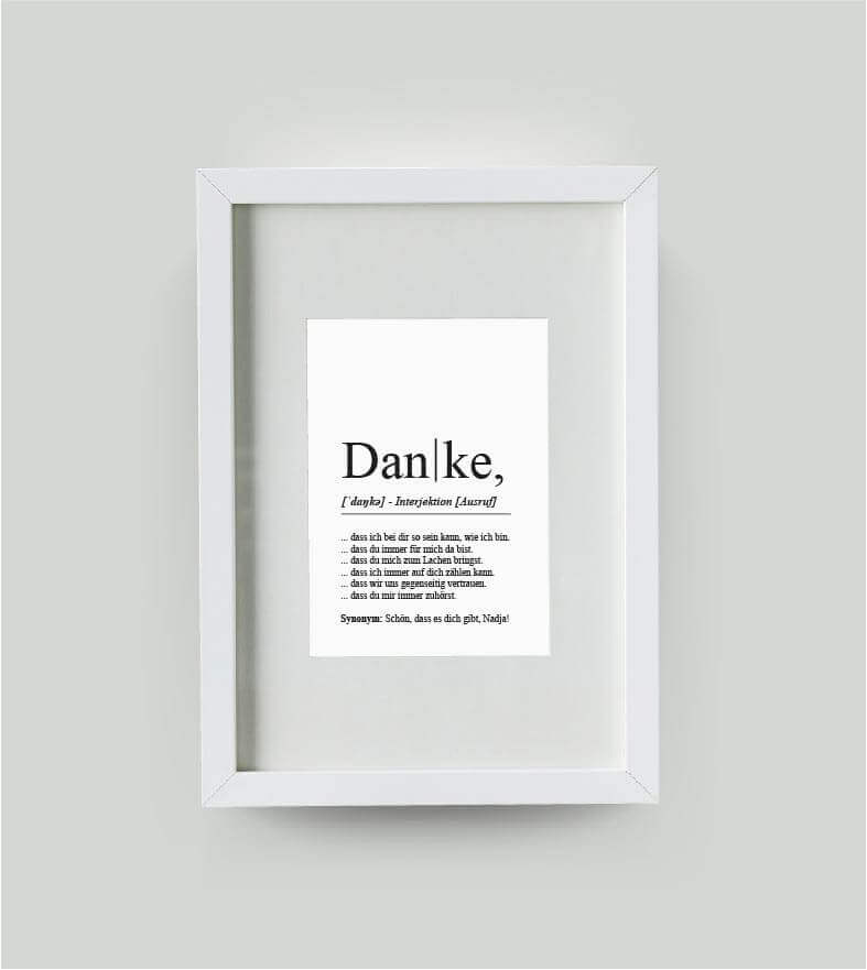Personalisiertes Bild “Definition DANKE”, DIN 13x18cm, mit Rahmen weiß 21x30cm, ohne Passepartout, Copyright: 321geschenke.de