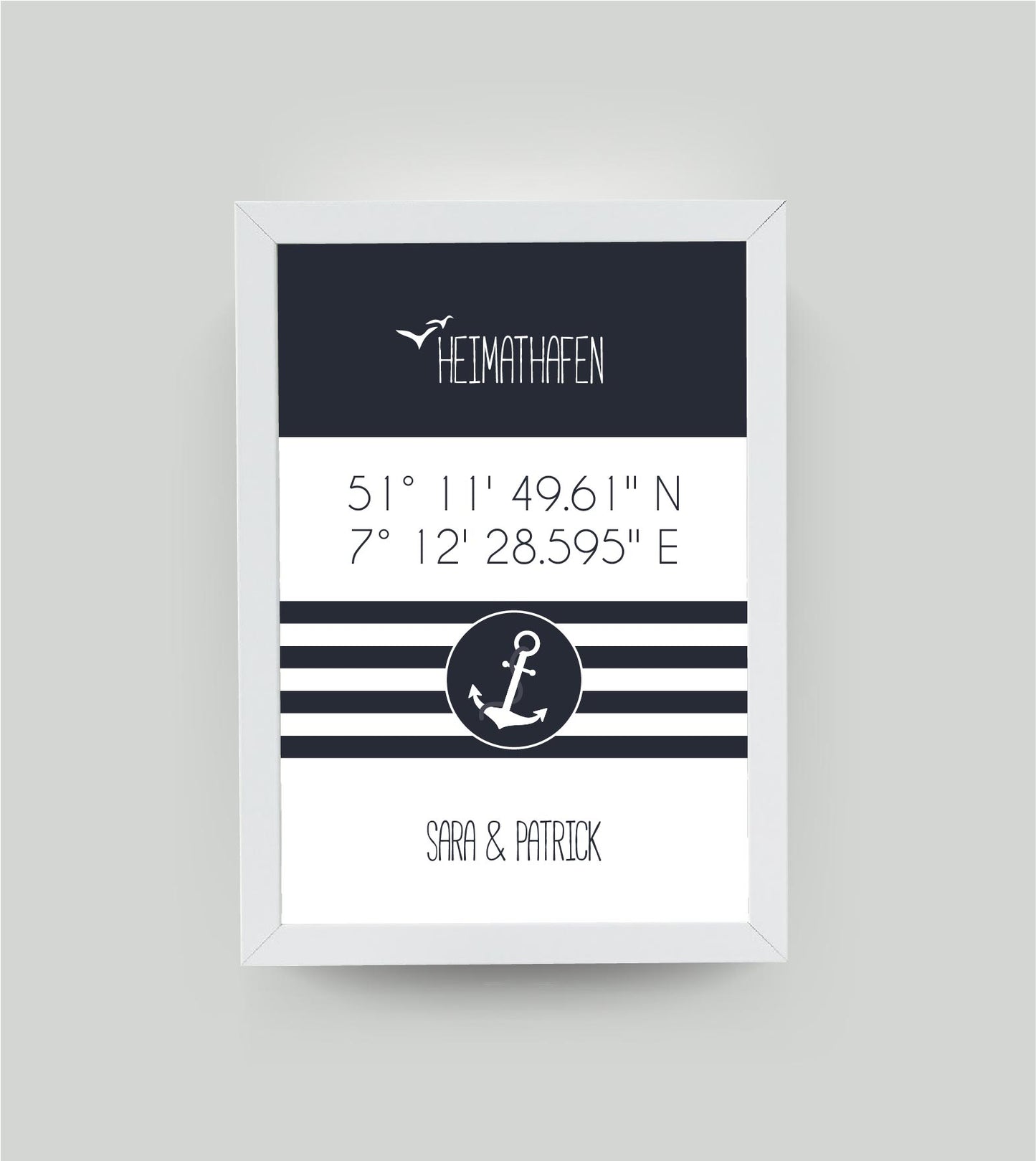 Personalisiertes Koordinaten Bild “HEIMATHAFEN” mit Anker gestreift, Bildfarbe: Maritime/Blau, Bildgröße: 13x18cm, Bilderrahmen: Ohne Bilderrahmen, Copyright:321geschenke.de