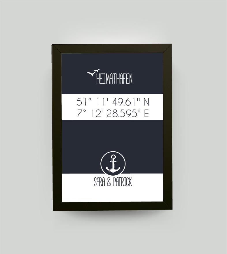 Personalisiertes Koordinaten Bild “HEIMATHAFEN” mit Anker, Bildfarbe: Maritime/Blau, Bildgröße: 13x18cm, Bilderrahmen: Bilderrahmen schwarz ohne Passepartout, Copyright:321geschenke.de