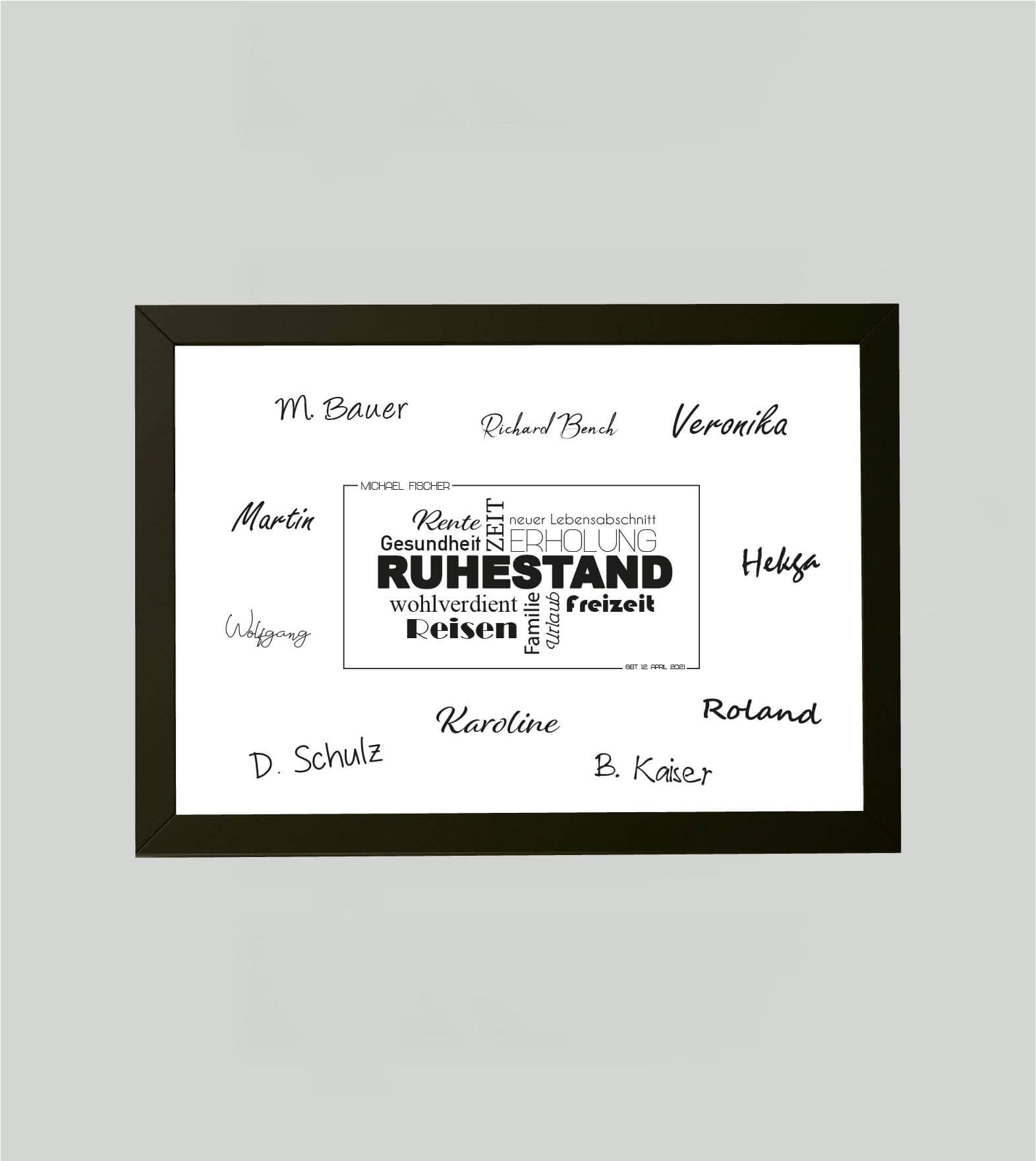 Personalisiertes Bild “Ruhestand Abschiedsgeschenk”, Bildfarbe: Anthrazit/Schwarz, Grau, Weiß, Bildgröße: DIN A4, DIN A3, Bilderrahmen: Ohne Bilderrahmen, Bilderrahmen weiß ohne Passepartout, Bilderrahmen schwarz ohne Passepartout,Copyright: 321geschenke.de