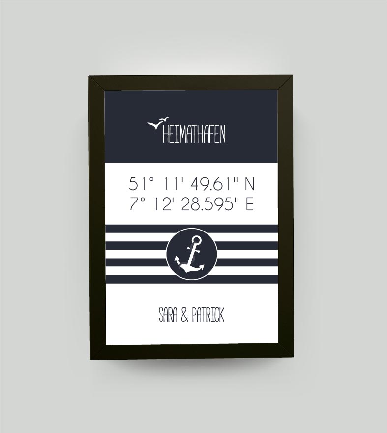 Personalisiertes Koordinaten Bild “HEIMATHAFEN” mit Anker gestreift, Bildfarbe: Maritime/Blau, Bildgröße: 13x18cm, Bilderrahmen: Bilderrahmen schwarz ohne Passepartout, Copyright:321geschenke.de
