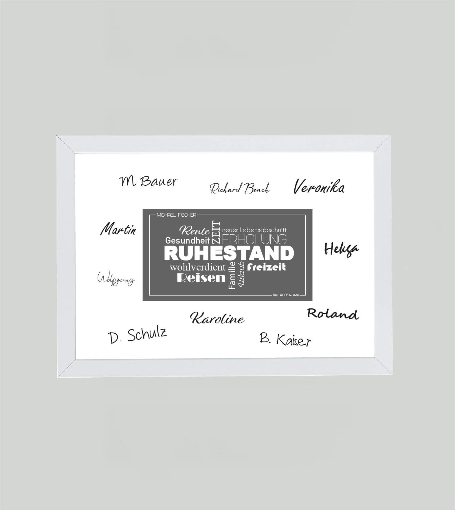 Personalisiertes Bild “Ruhestand Abschiedsgeschenk”, Bildfarbe: Anthrazit/Schwarz, Grau, Weiß, Bildgröße: DIN A4, DIN A3, Bilderrahmen: Ohne Bilderrahmen, Bilderrahmen weiß ohne Passepartout, Bilderrahmen schwarz ohne Passepartout,Copyright: 321geschenke.de
