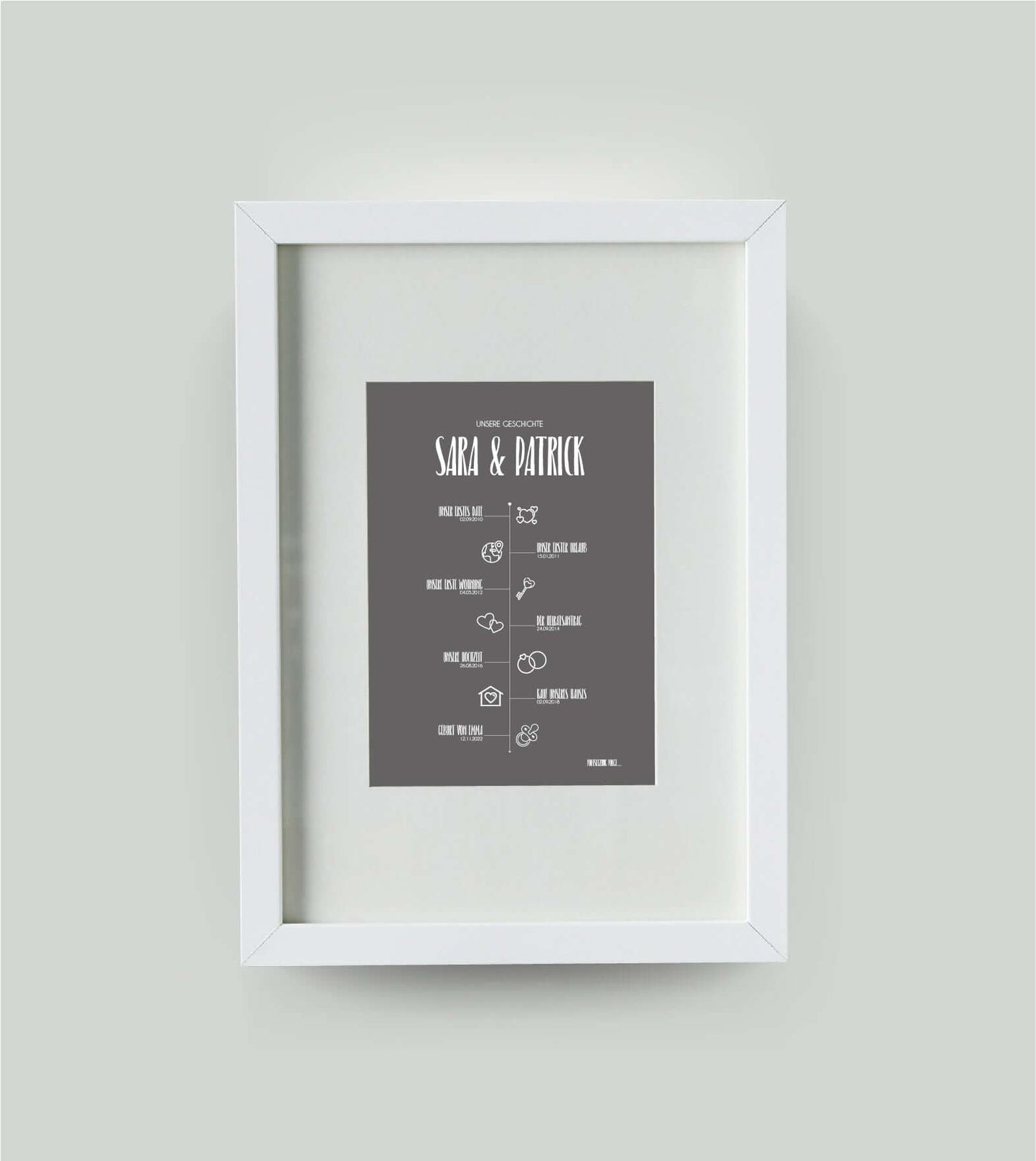Personalisiertes Bild “TIMELINE” - Unsere Geschichte, Bildfarbe: Anthrazit/Schwarz, Bildgröße: 13x18cm, DIN A4, DIN A3, Bilderrahmen: Bilderrahmen weiß mit Passepartout, Copyright:321geschenke.de