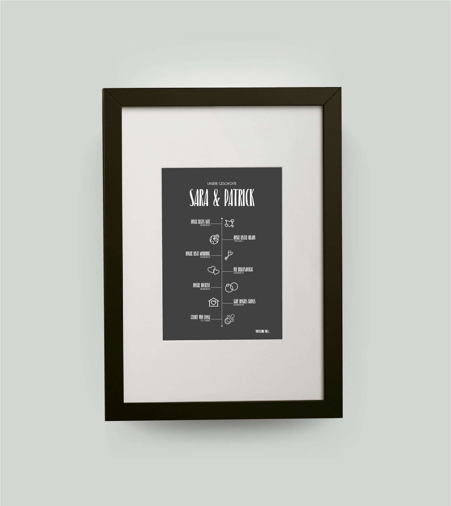 Personalisiertes Bild “TIMELINE” - Unsere Geschichte, Bildfarbe: Anthrazit/Schwarz, Bildgröße: 13x18cm, DIN A4, DIN A3, Bilderrahmen: Bilderrahmen schwarz mit Passepartout, Copyright:321geschenke.de