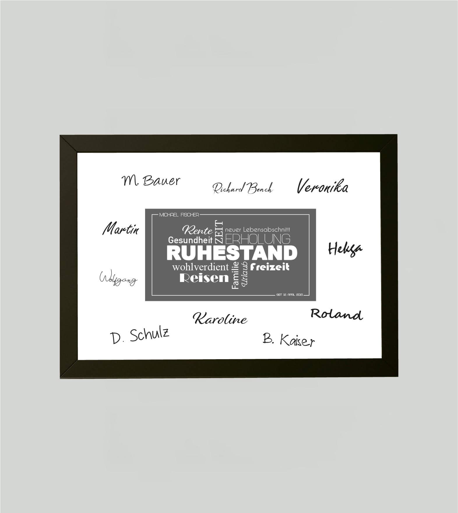 Personalisiertes Bild “Ruhestand Abschiedsgeschenk”, Bildfarbe: Anthrazit/Schwarz, Grau, Weiß, Bildgröße: DIN A4, DIN A3, Bilderrahmen: Ohne Bilderrahmen, Bilderrahmen weiß ohne Passepartout, Bilderrahmen schwarz ohne Passepartout,Copyright: 321geschenke.de