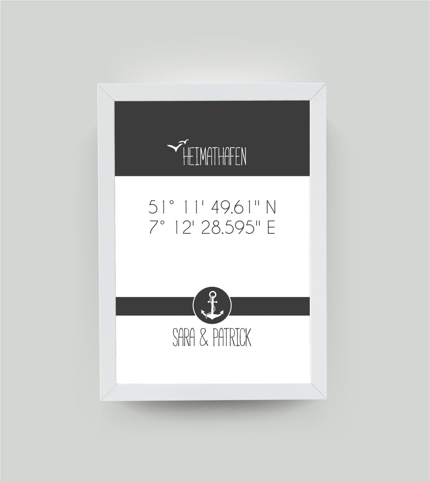 Personalisiertes Koordinaten Bild “HEIMATHAFEN” mit Anker, Bildfarbe: Anthrazit/Schwarz, Bildgröße: 13x18cm, Bilderrahmen: Ohne Bilderrahmen, Copyright:321geschenke.de