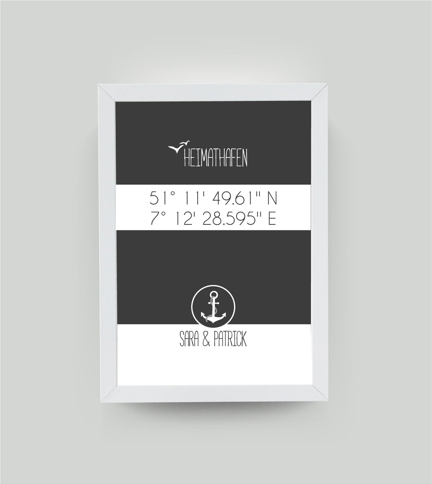 Personalisiertes Koordinaten Bild “HEIMATHAFEN” mit Anker, Bildfarbe: Anthrazit/Schwarz, Bildgröße: 13x18cm, Bilderrahmen: Ohne Bilderrahmen, Copyright:321geschenke.de