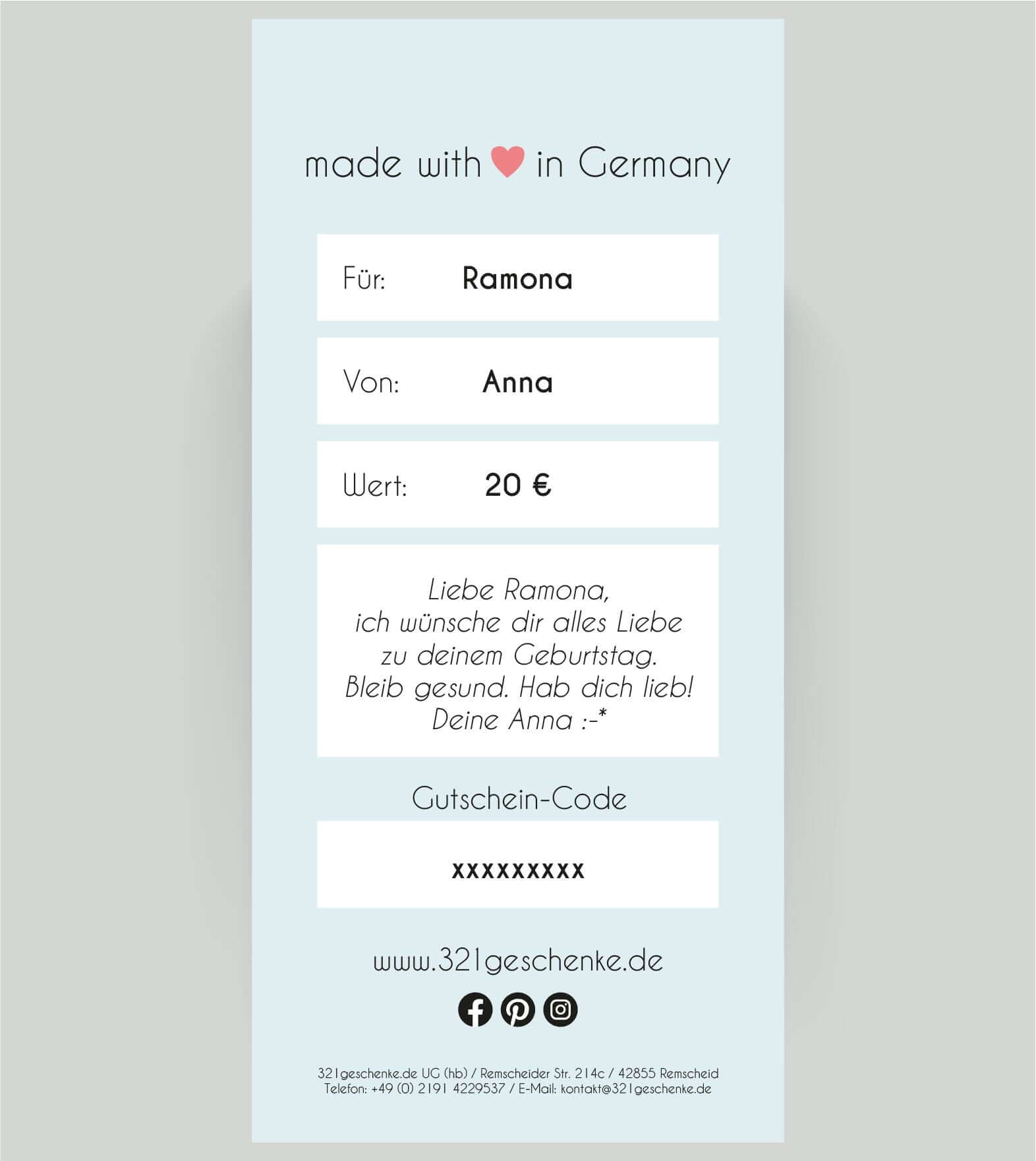 Geschenkgutschein 20 EUR hinten ausgefüllt, Copyright: 321geschenke.de