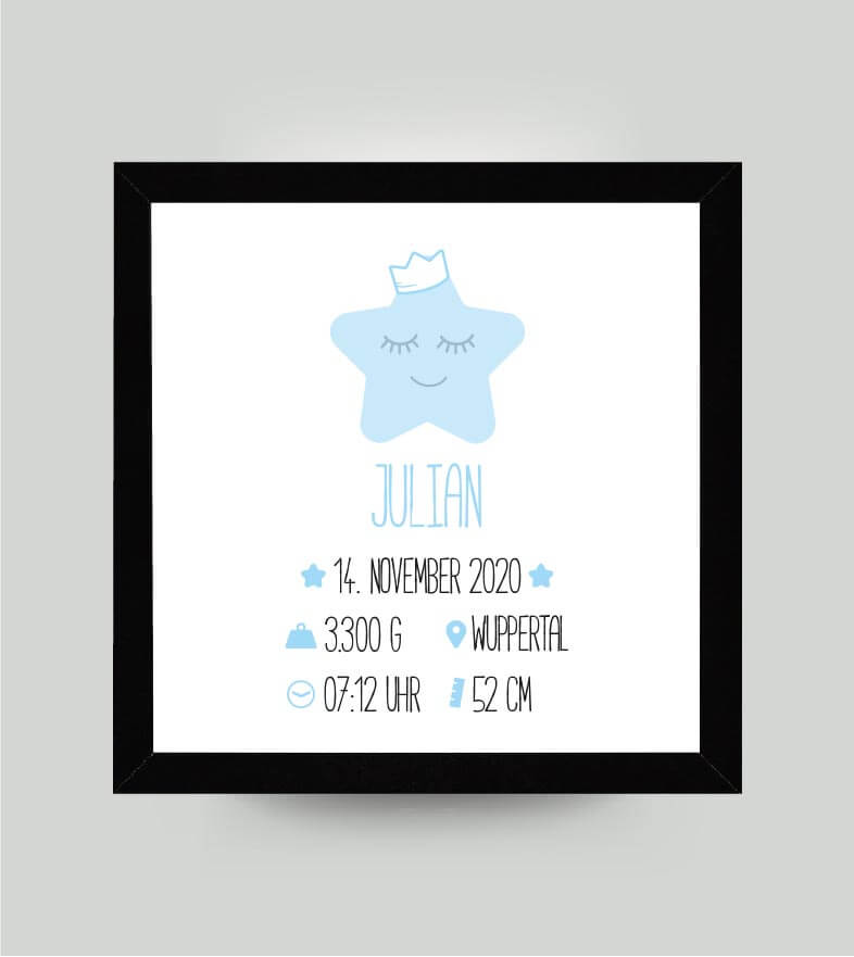 Personalisiertes Babyposter “Geburtsanzeige Stern” in weiß/blau, viereckig 25x25cm, mit Rahmen schwarz 27x27cm, ohne Passepartout, Copyright: 321geschenke.de