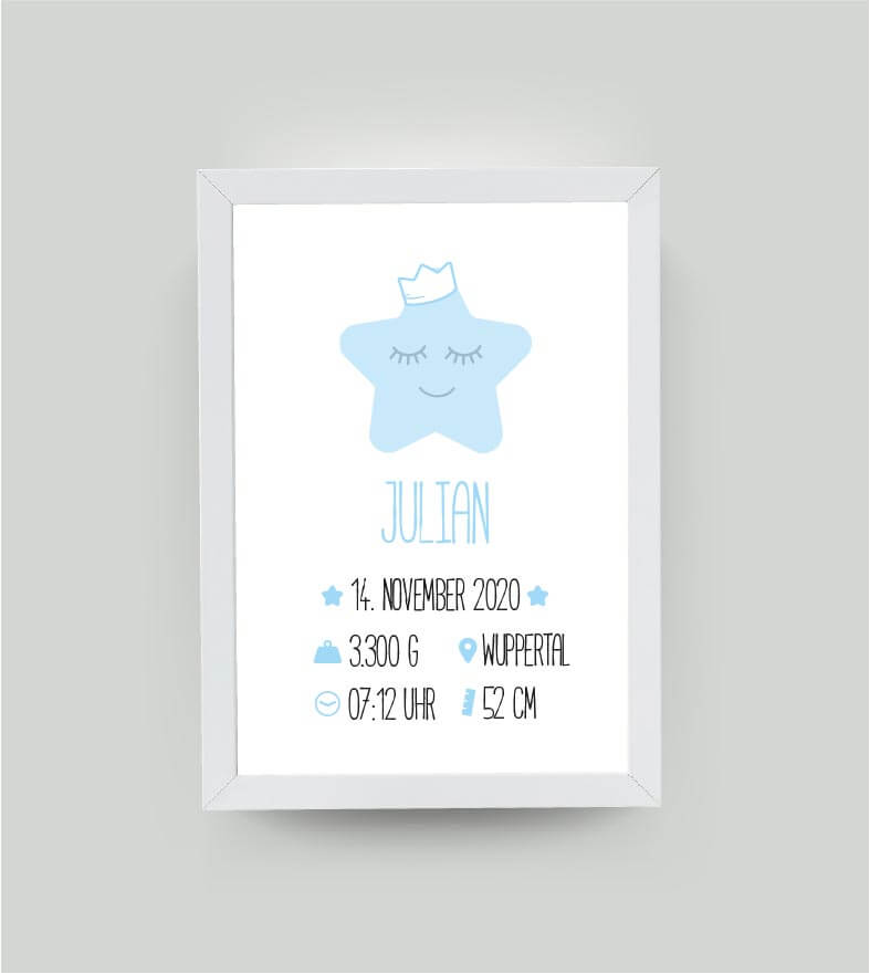 Personalisiertes Babyposter “Geburtsanzeige Stern” in weiß/blau, DIN A4, mit Rahmen weiß 21x30cm, ohne Passepartout, Copyright: 321geschenke.de