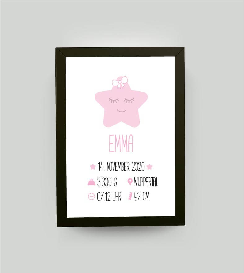 Personalisiertes Babyposter “Geburtsanzeige Stern” in weiß/rosa, DIN A4, mit Rahmen schwarz 21x30cm, ohne Passepartout