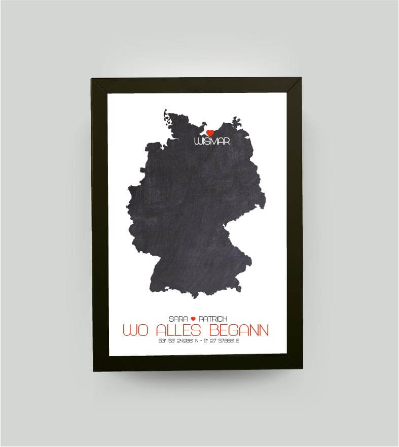 Personalisiertes Koordinaten Bild “Landkarte – Wo alles begann”, Bildfarbe: Anthrazit/Schwarz, Bildgröße: 13x18cm, Bilderrahmen: Bilderrahmen schwarz ohne Passepartout, Copyright: 321geschenke.de