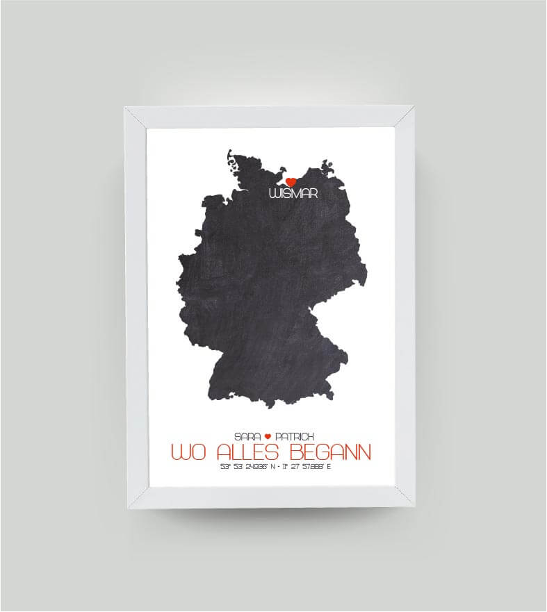 Personalisiertes Koordinaten Bild “Landkarte – Wo alles begann”, Bildfarbe: Anthrazit/Schwarz, Bildgröße: 13x18cm, Bilderrahmen: Ohne Bilderrahmen, Copyright: 321geschenke.de