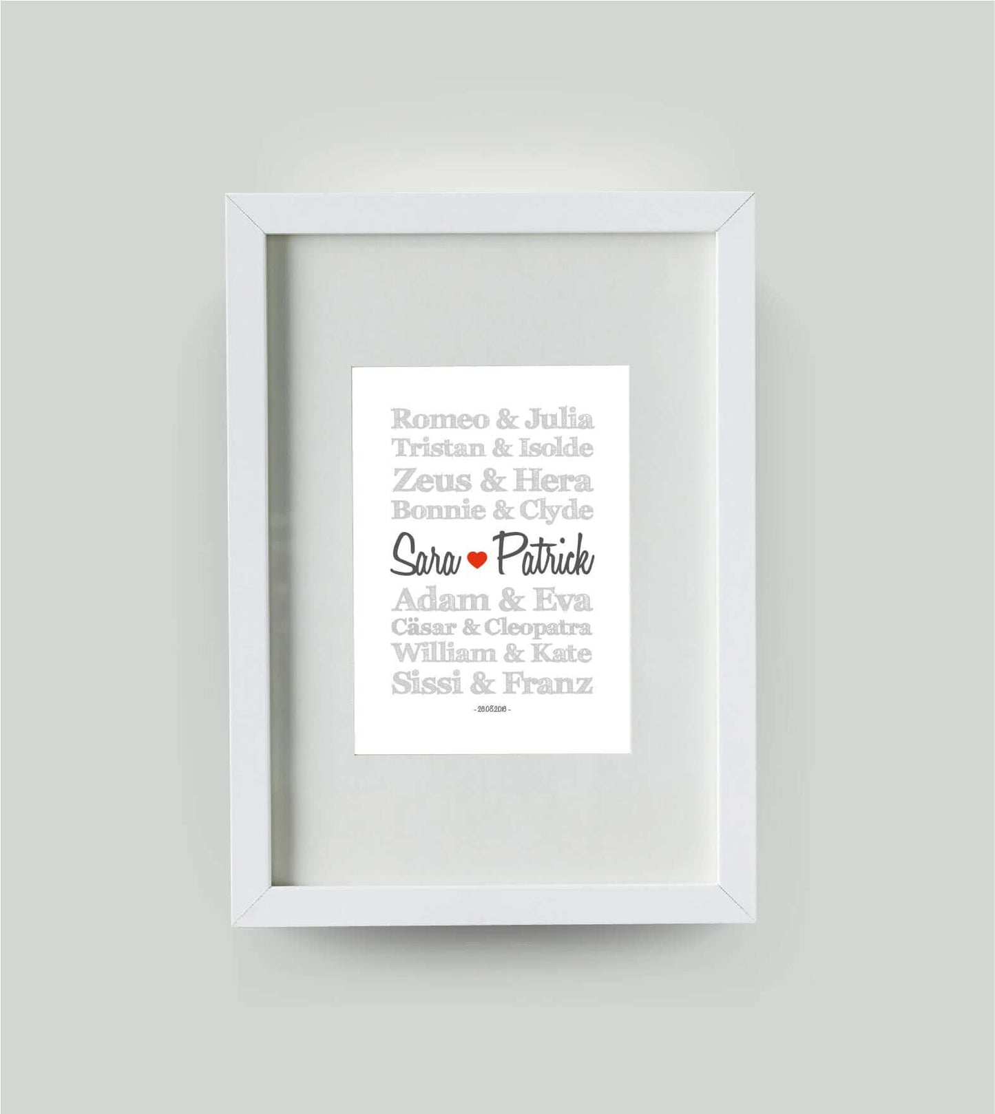 Personalisiertes Bild “TRAUMPAARE – berühmte Paare”, Bildgröße: DIN A4, Bilderrahmen: Bilderrahmen weiß mit Passepartout, ,Copyright: 321geschenke.de